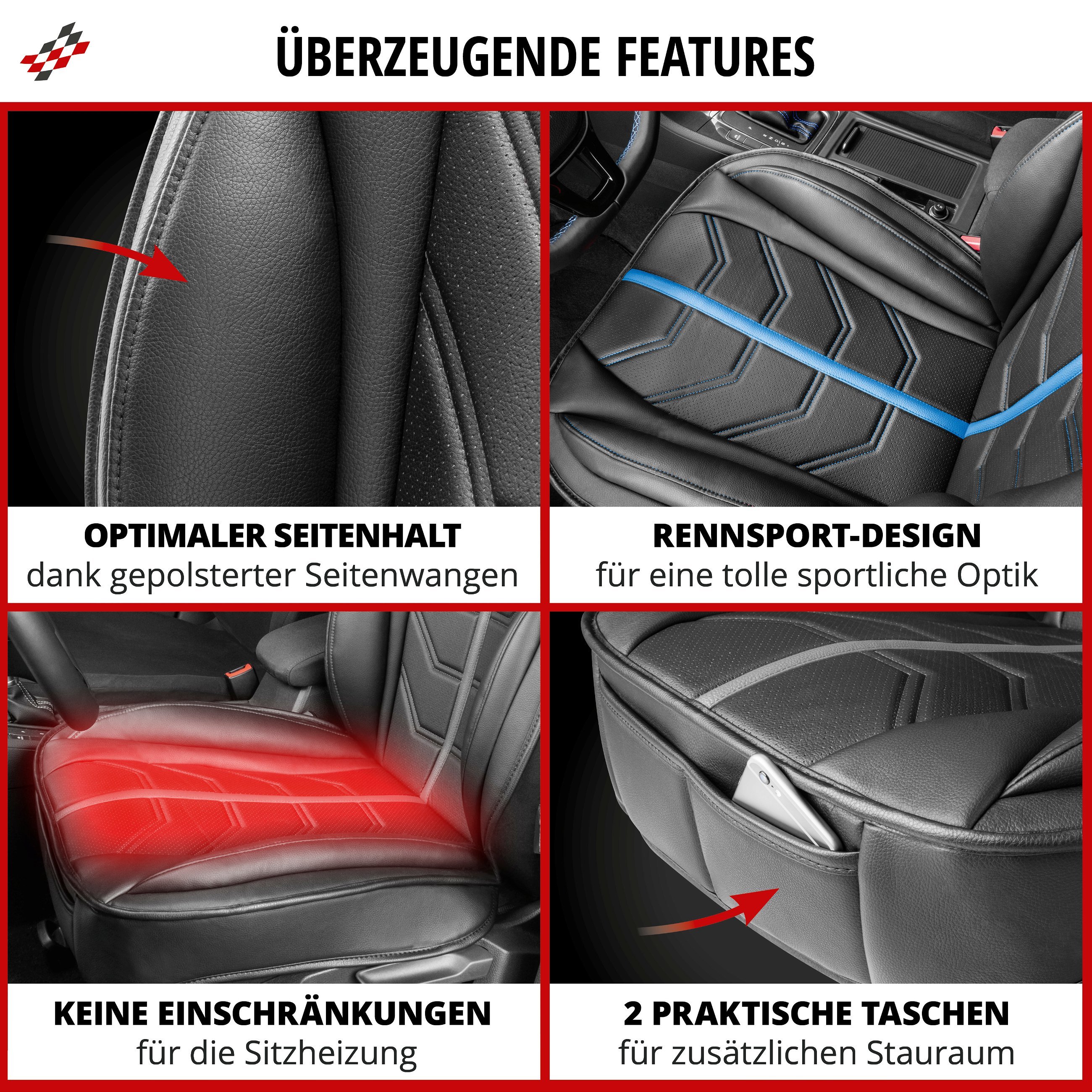 PKW Sitzauflage Kimi, Auto-Sitzaufleger im Rennsportdesign schwarz/rot, Sitzauflagen, Sitzbezüge und Sitzauflagen für PKWs, Autositzbezüge &  Auflagen