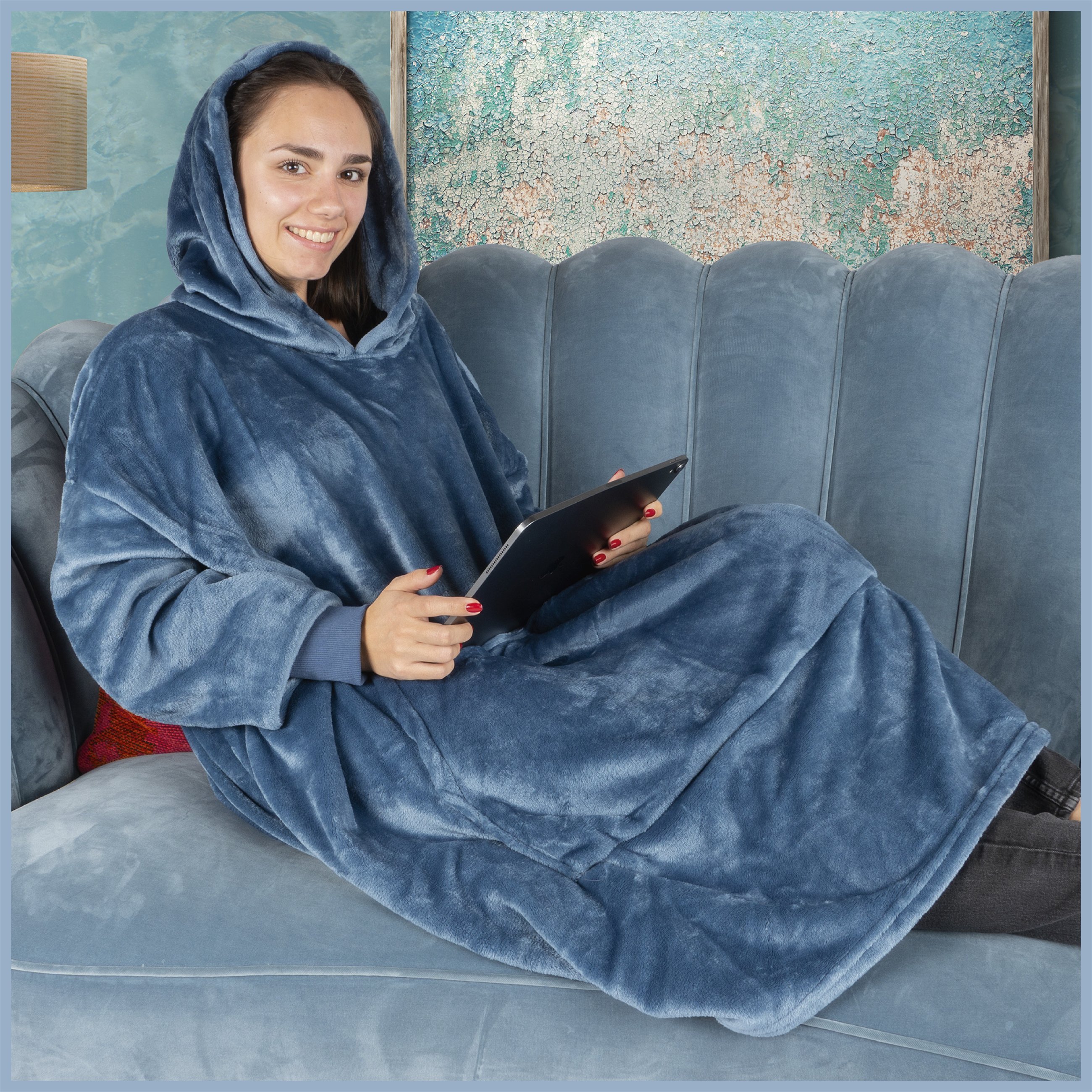 Pull douillet, couverture à capuche Snuggle, sweat à capuche oversize femme, couverture à capuche homme, couverture pull 104x102 cm bleu