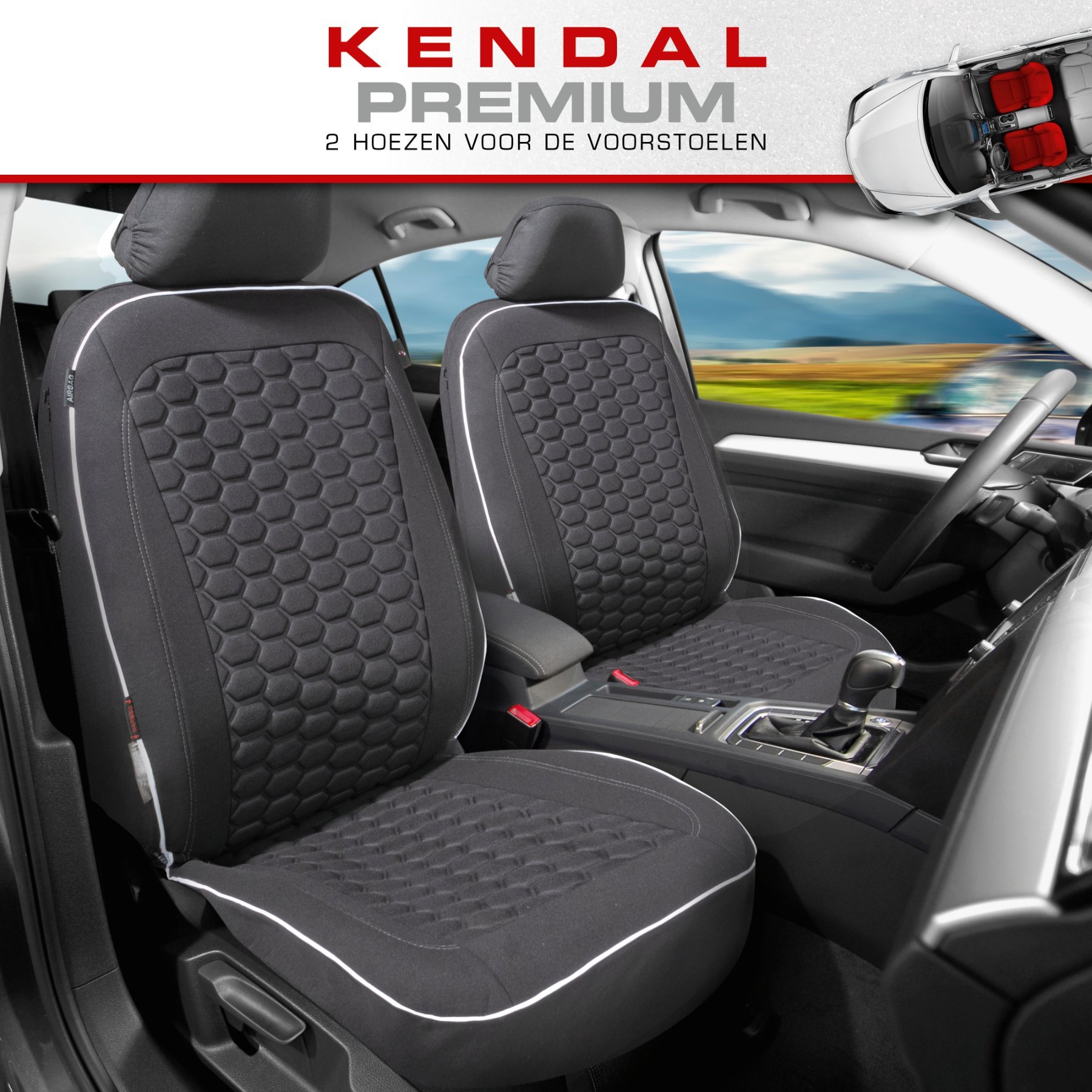 Premium autozetelhoezen Kendal met rits, ZIPP-IT zetelhoezen, 2 voorzetelhoezen zwart/wit 11863