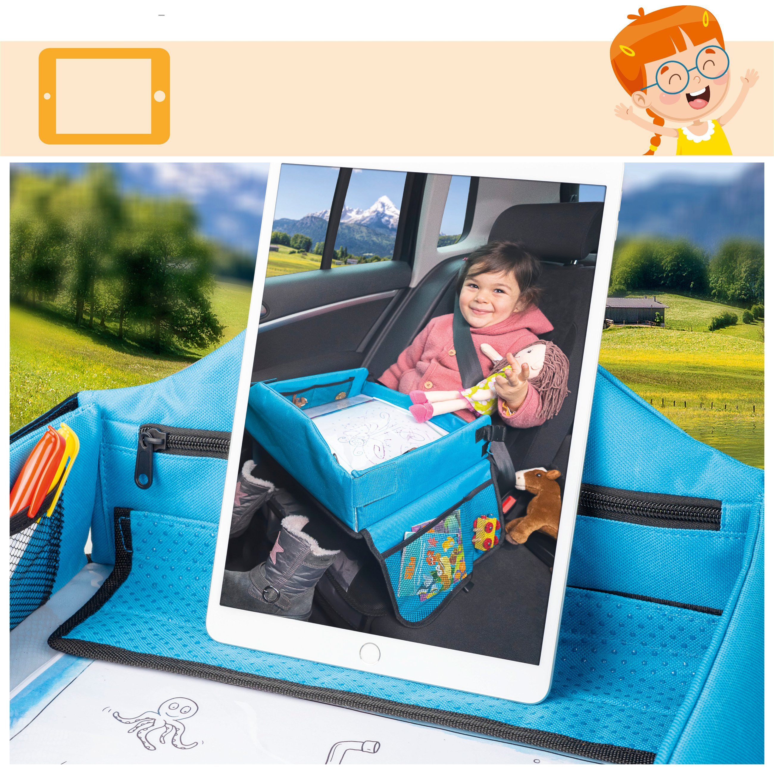 Children's travel play table for the car with tablet holder blue