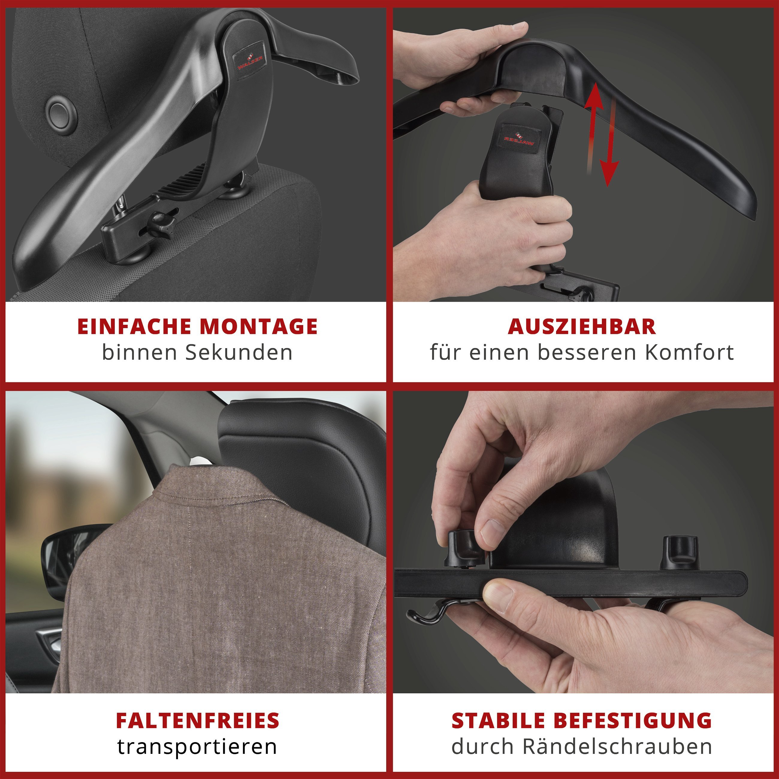 Auto-Kleiderbügel Henry, PKW-Kleiderbügel, Jackenhalter für Kopfstütze ausziehbar 45x7,5x26 cm schwarz