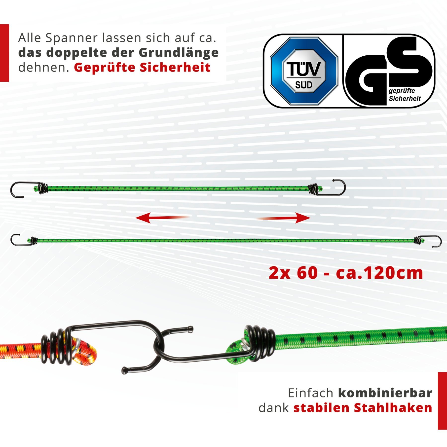 Gepäckspanner mit Haken, Spanngummi-Set, 2 Spanngurte 60 cm grün