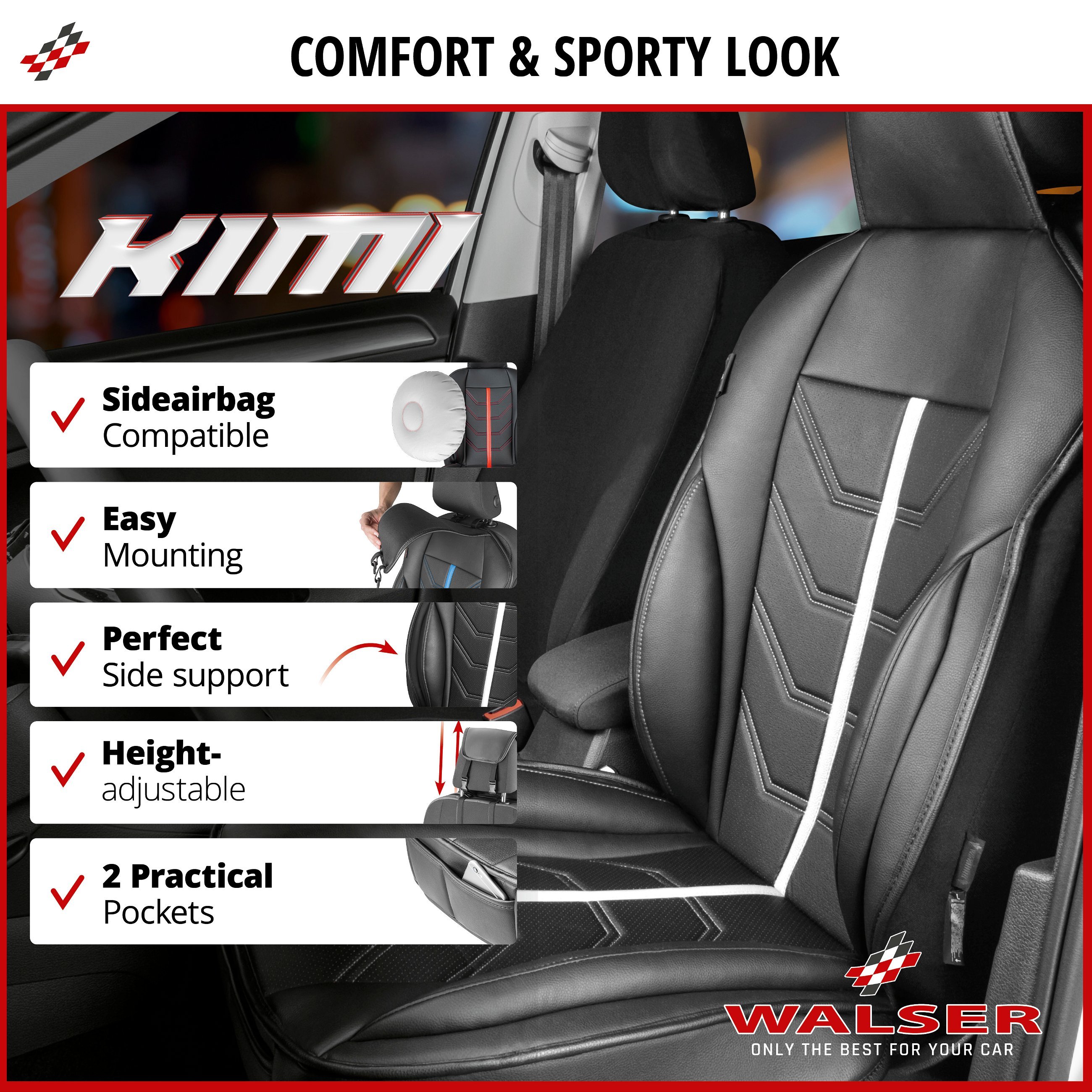 Car Seat cover Kimi, seat protector for cars in racing look black/white