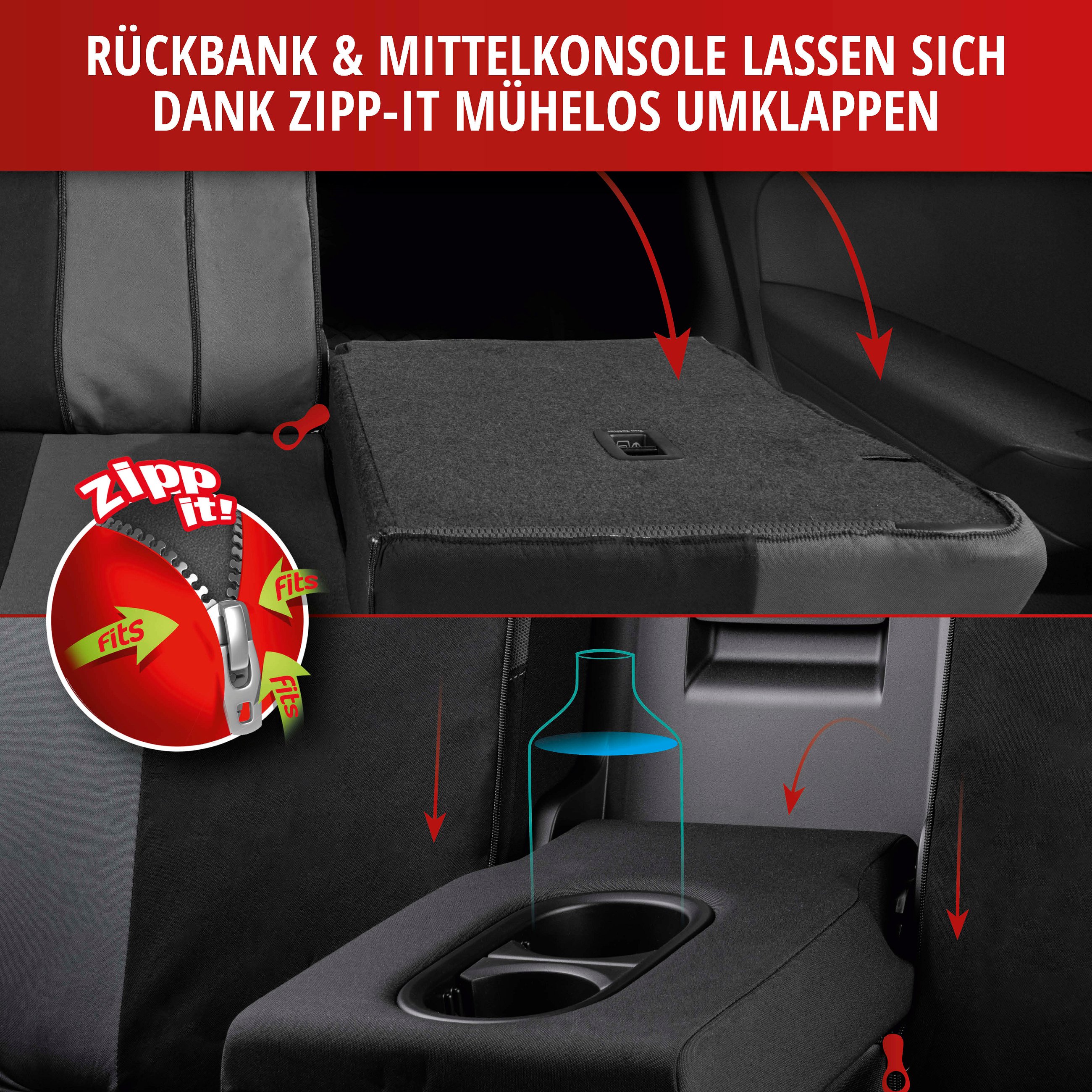 Autositzbezug ZIPP-IT Premium Inde, PKW-Schonbezüge Komplettset mit Reißverschluss-System schwarz/grau