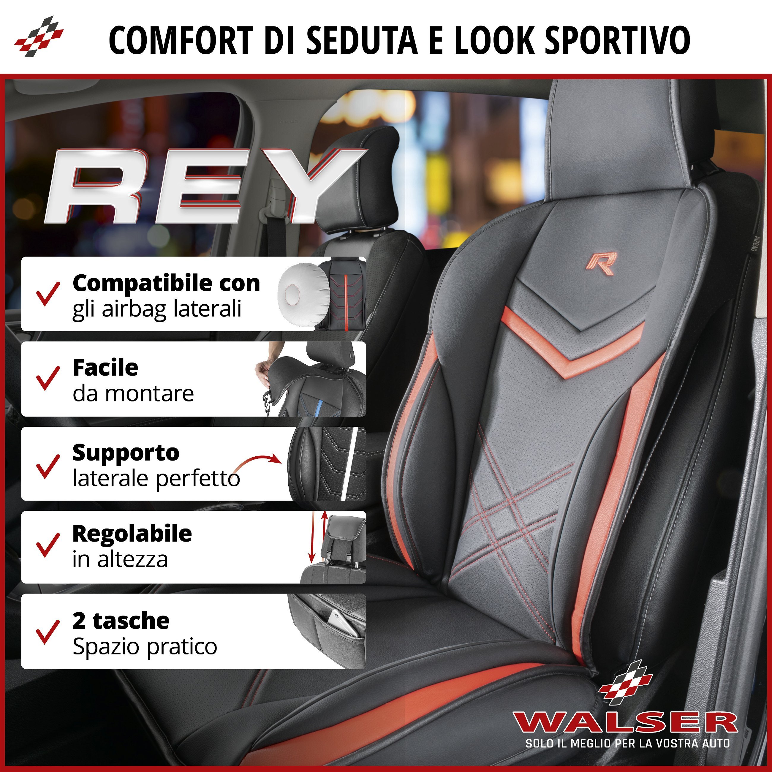 Coprisedili per auto Rey nero/rosso