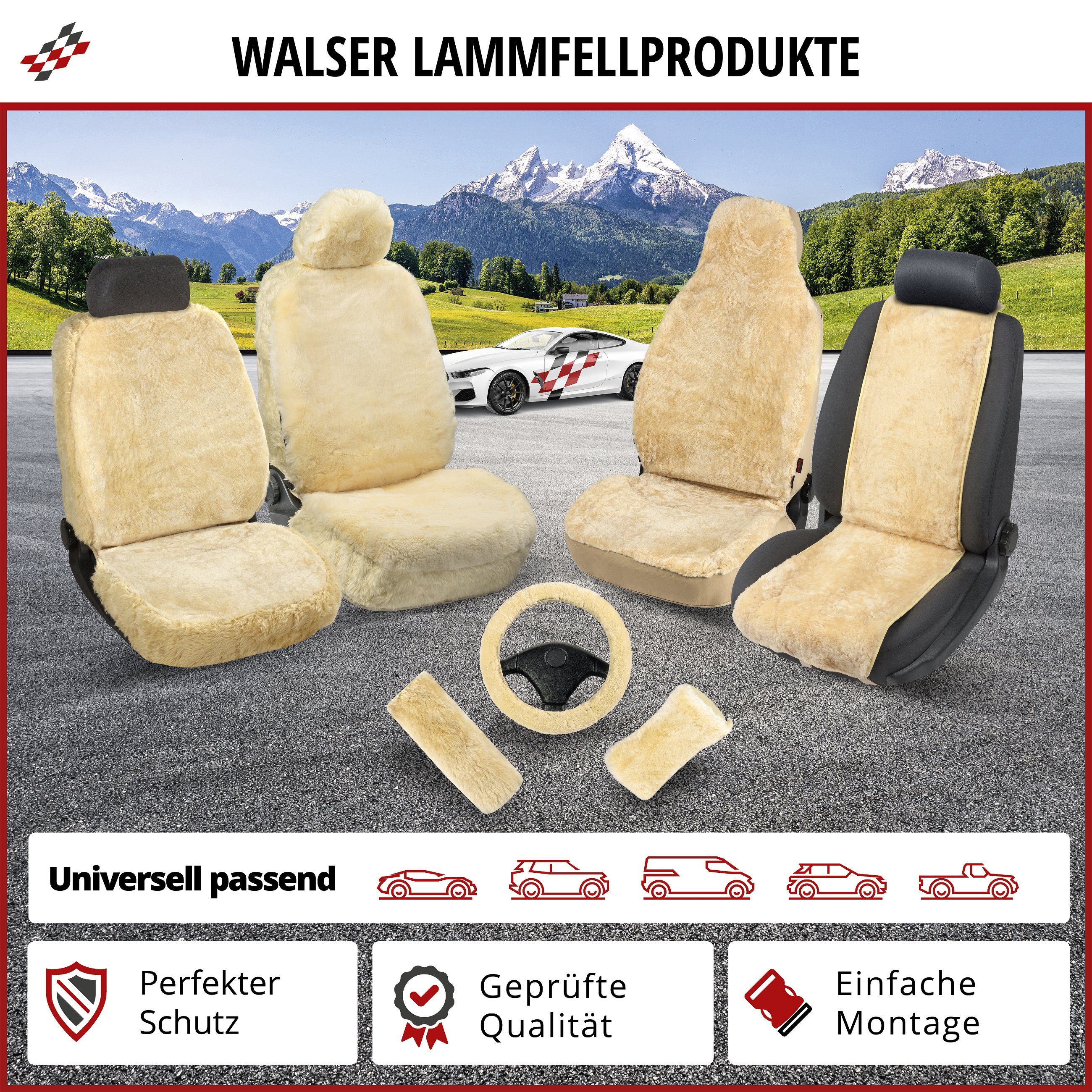 Auto Sitzauflage aus Lammfell Marla, 100% Premium Lammfell Auto Sitzauflage, Lammfell Auto Sitzaufleger schwarz
