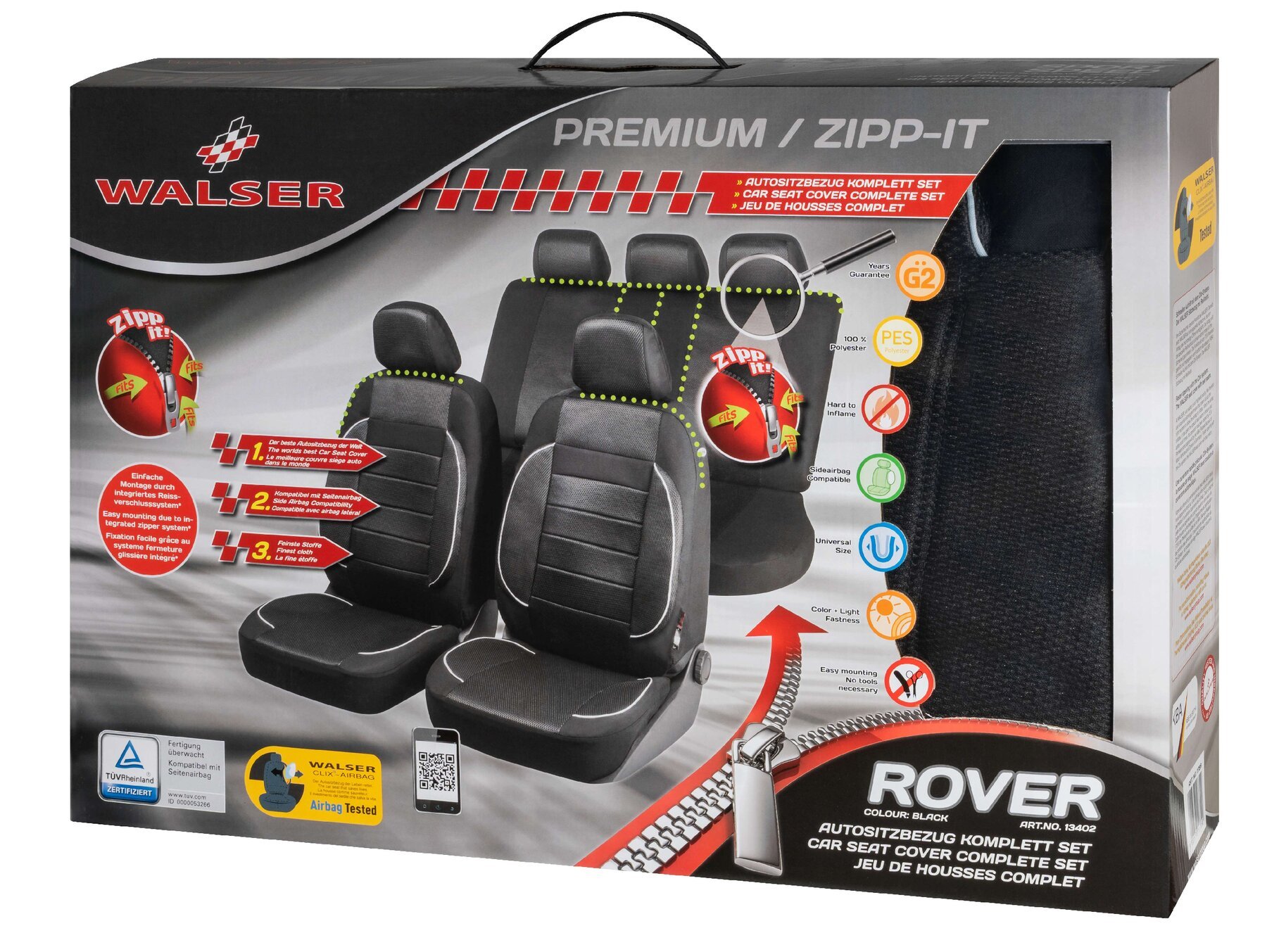 Auto stoelbeschermer Rover met Zipper ZIPP-IT Premium Autostoelhoes, set, 2 stoelbeschermer voor voorstoel, 1 stoelbeschermer voor achterbank zwart