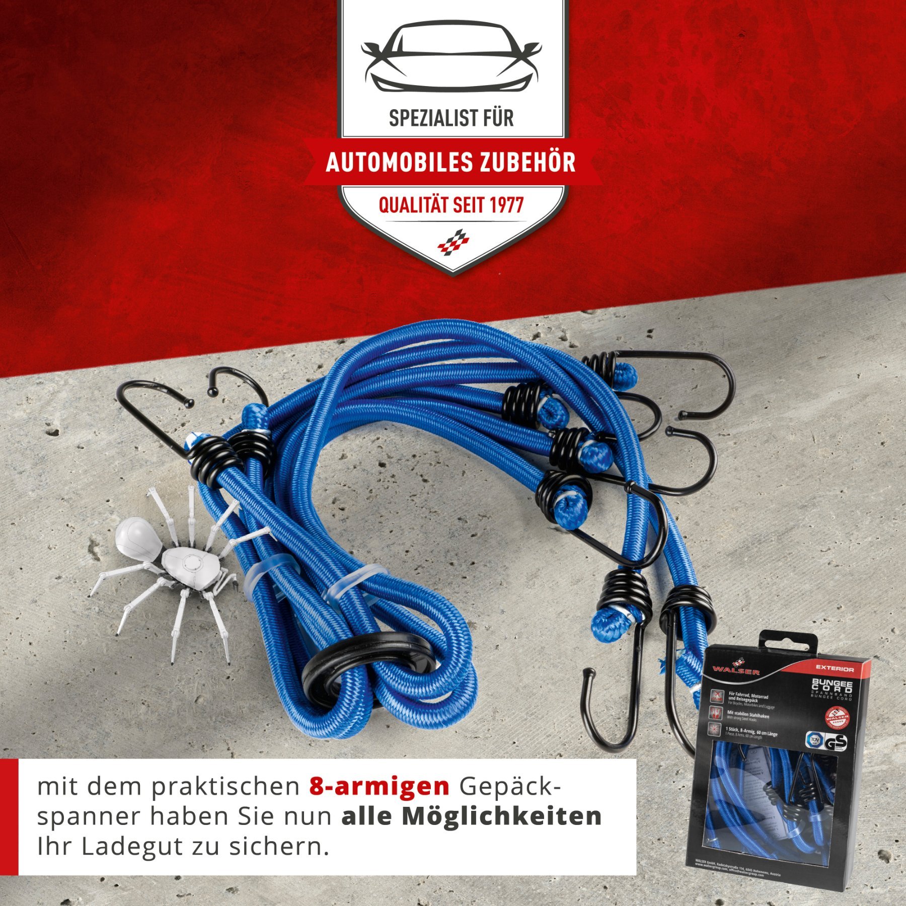 Gepäckspinne mit Haken, Spanngummi-Set, 8 Spanngurte 60 cm blau