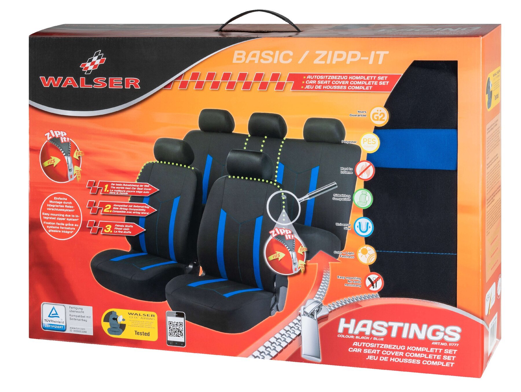 Auto stoelbeschermer Hastings met Zipper ZIPP-IT Autostoelhoes, set, 2 stoelbeschermer voor voorstoel, 1 stoelbeschermer voor achterbank zwart/blauw