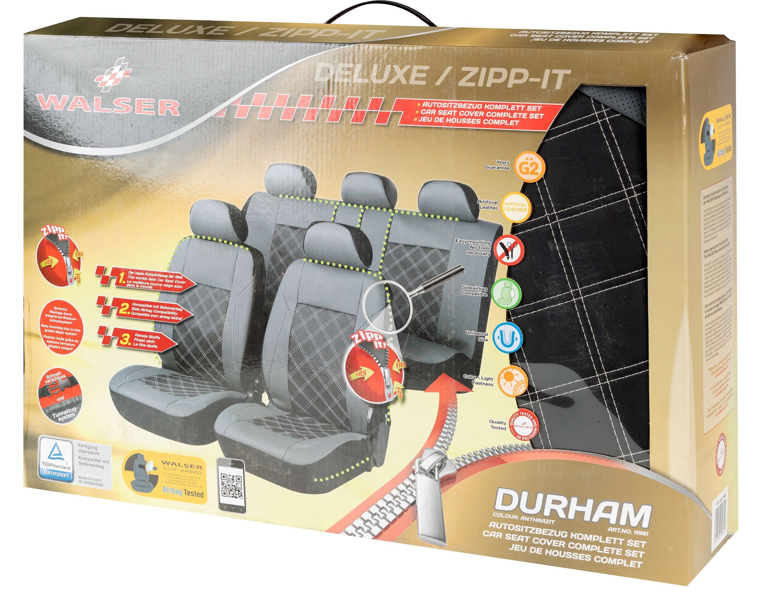 Autositzbezug ZIPP-IT Deluxe Durham, PKW-Schonbezüge aus Kunstleder Komplettset mit Reißverschluss-System anthrazit