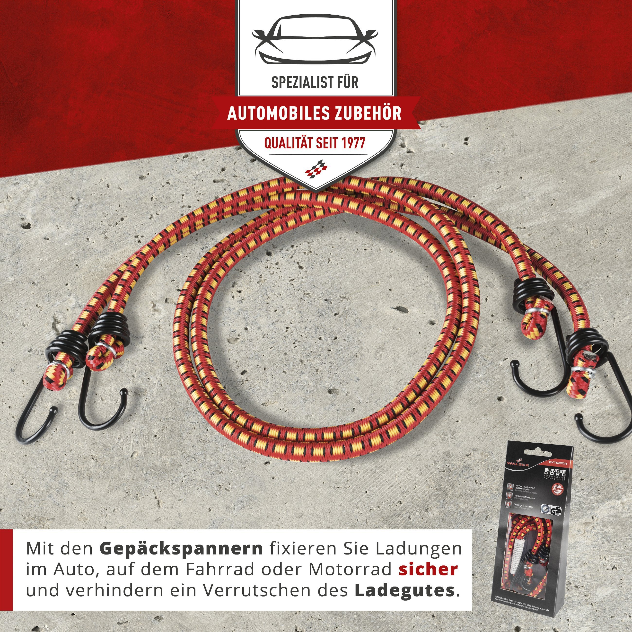 Gepäckspanner mit Haken, Spanngummi-Set, 2 Spanngurte 80 cm rot