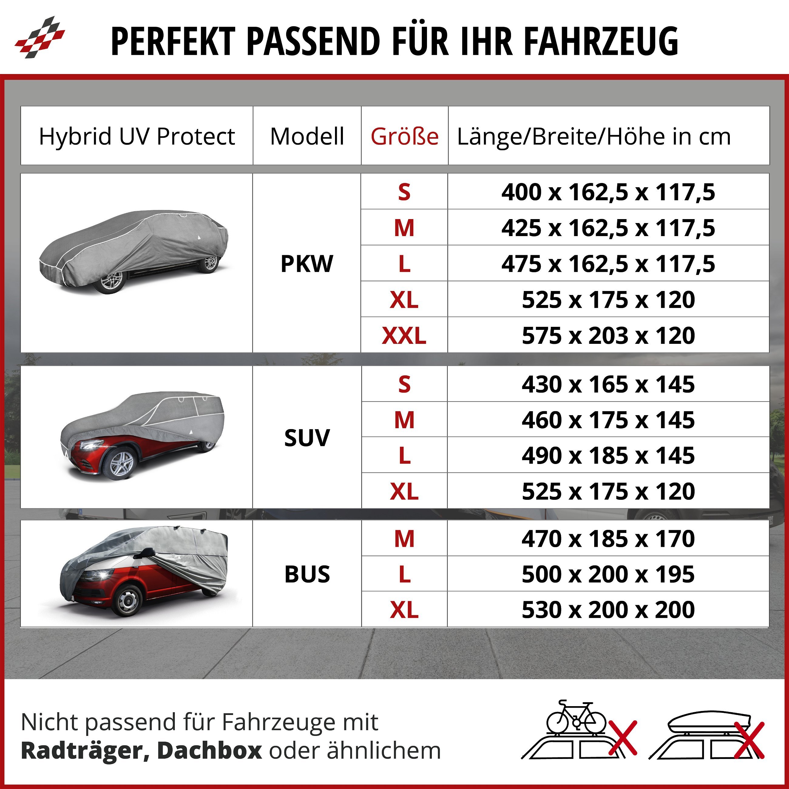 PKW Hagelschutzplane Hybrid UV Protect, Hagelschutzgarage Größe