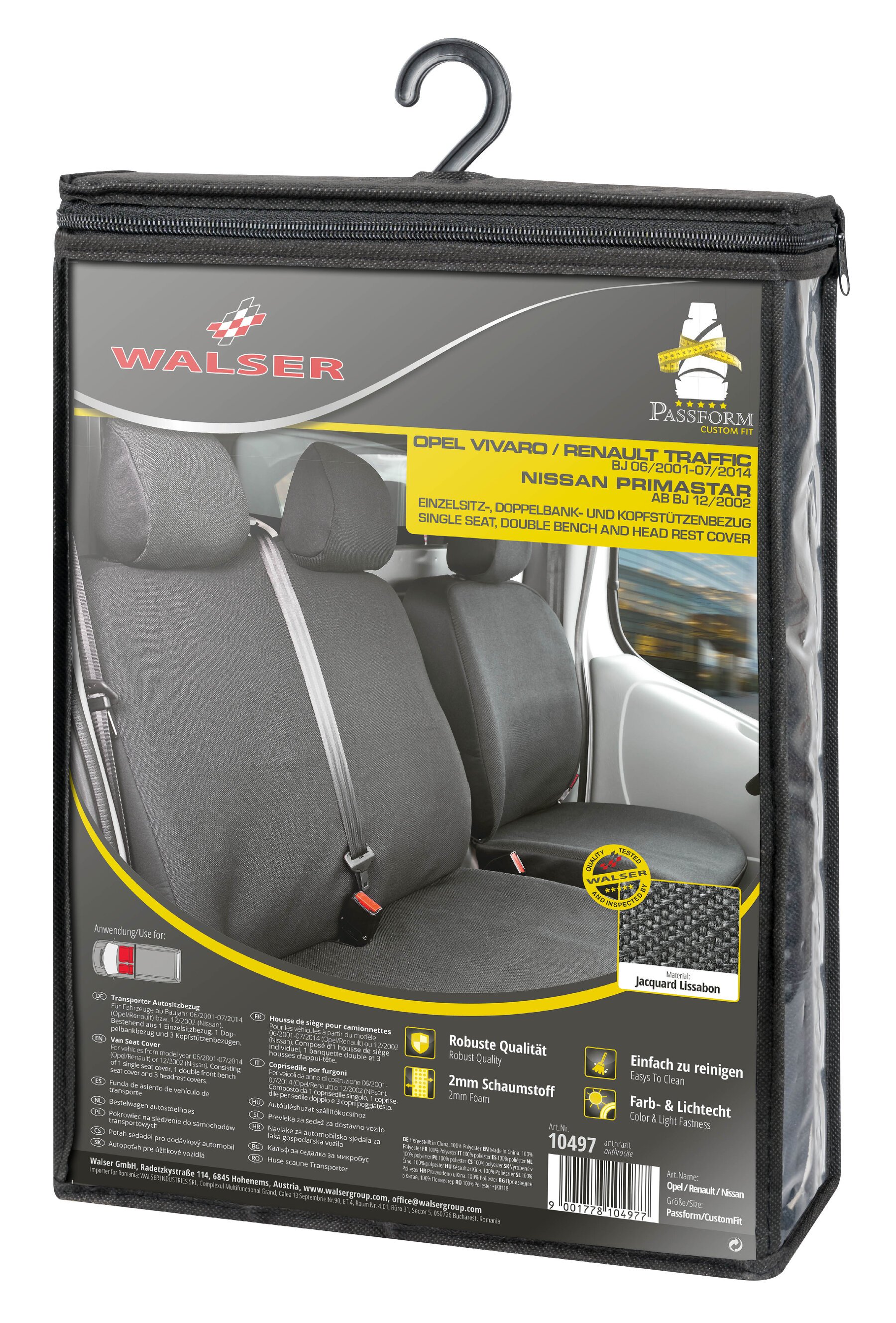Autostoelhoes Transporter Fit van stof antraciet geschikt voor Opel Vivaro, Renault Traffic, Nissan Primastar, Einzel- & Dubbele Bank