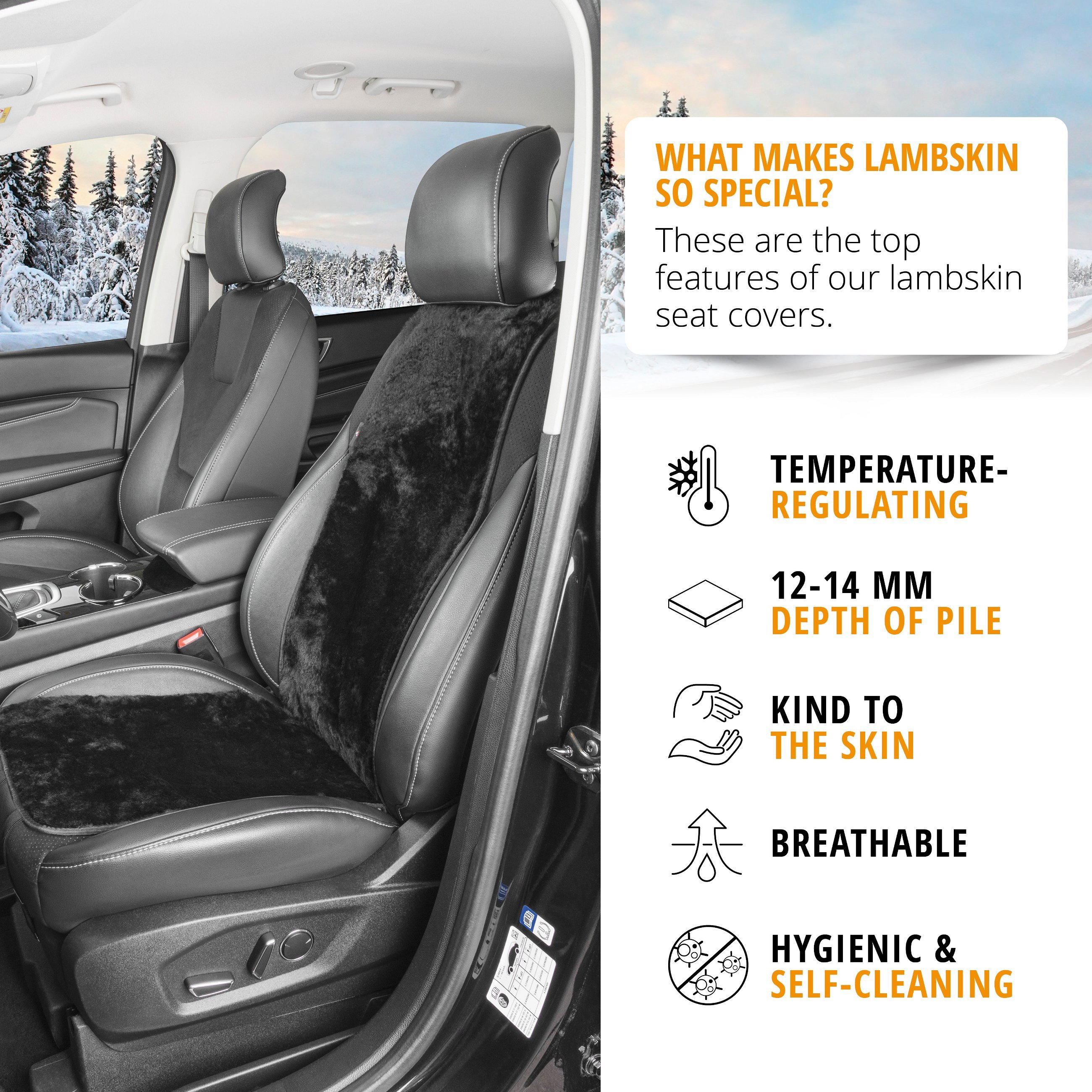 Car Seat cover in lambskin Cosmo black 12-14mm fur height