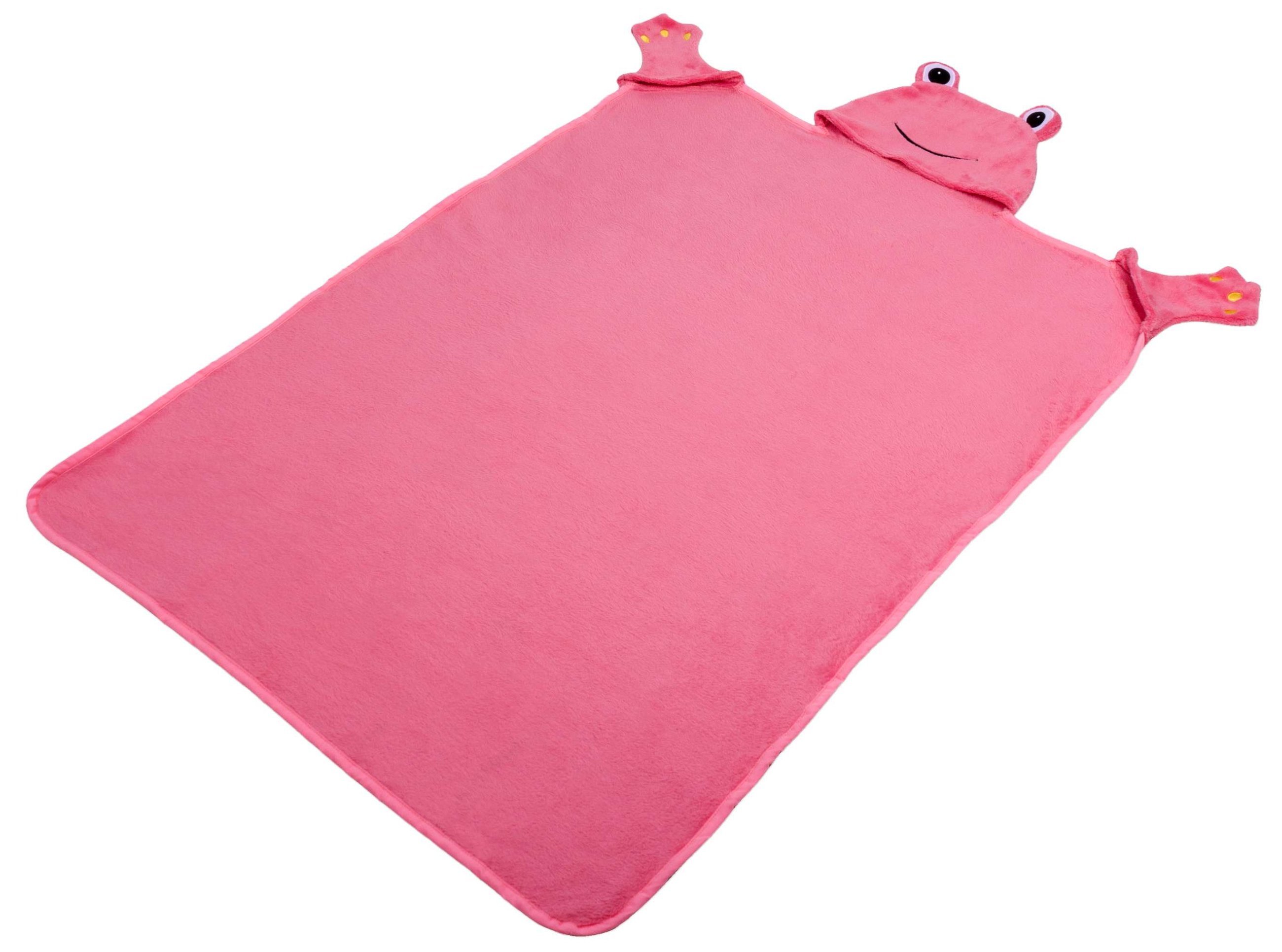 Froggy kinderdeken, knuffeldoekje, pluche deken met kap en wanten, roze 130 x 100 cm