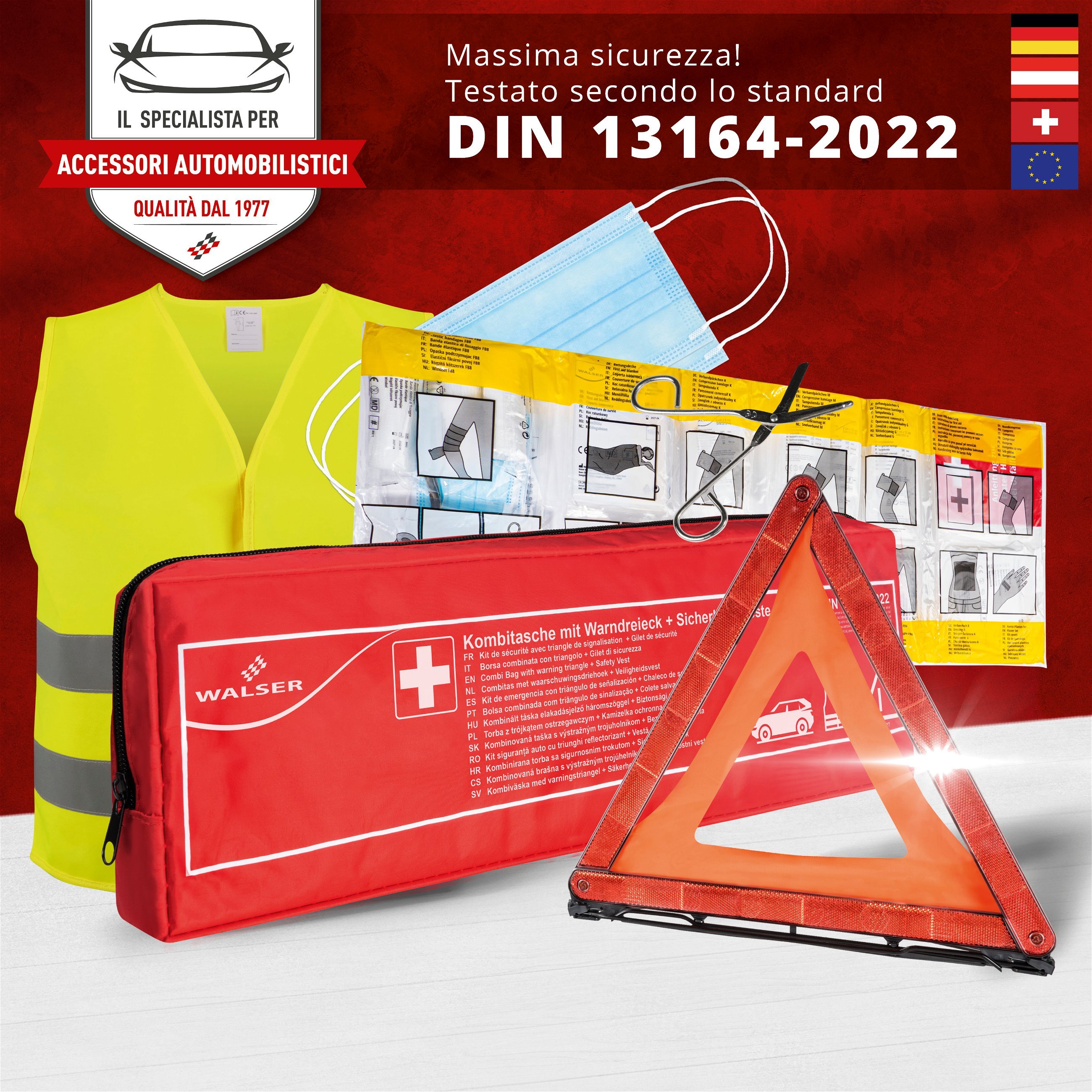 Borsa di pronto soccorso auto rossa secondo DIN 13164:2022 con triangolo di soccorso e gilet di segnalazione, set di pronto soccorso auto