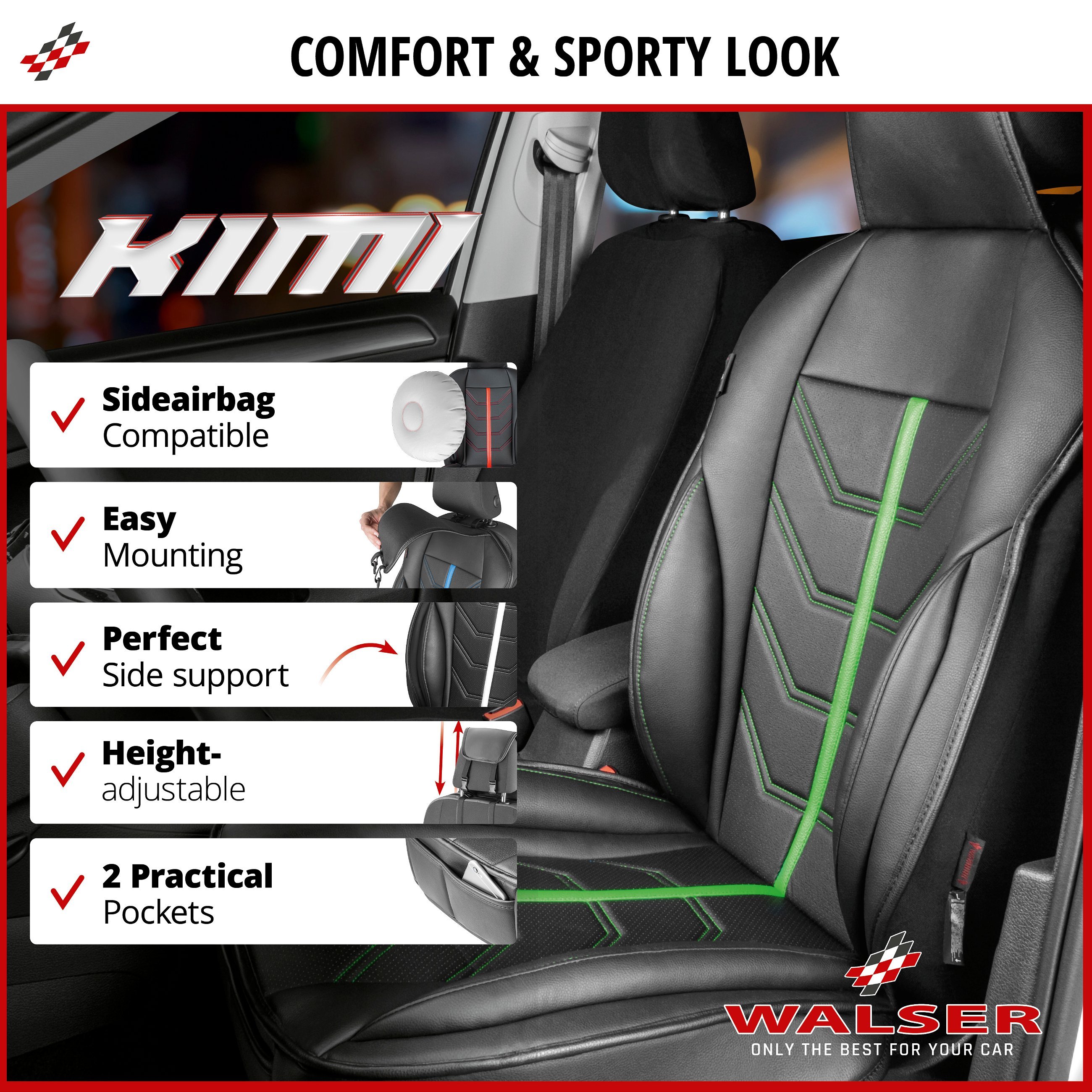 Car Seat cover Kimi, seat protector for cars in racing look black/green