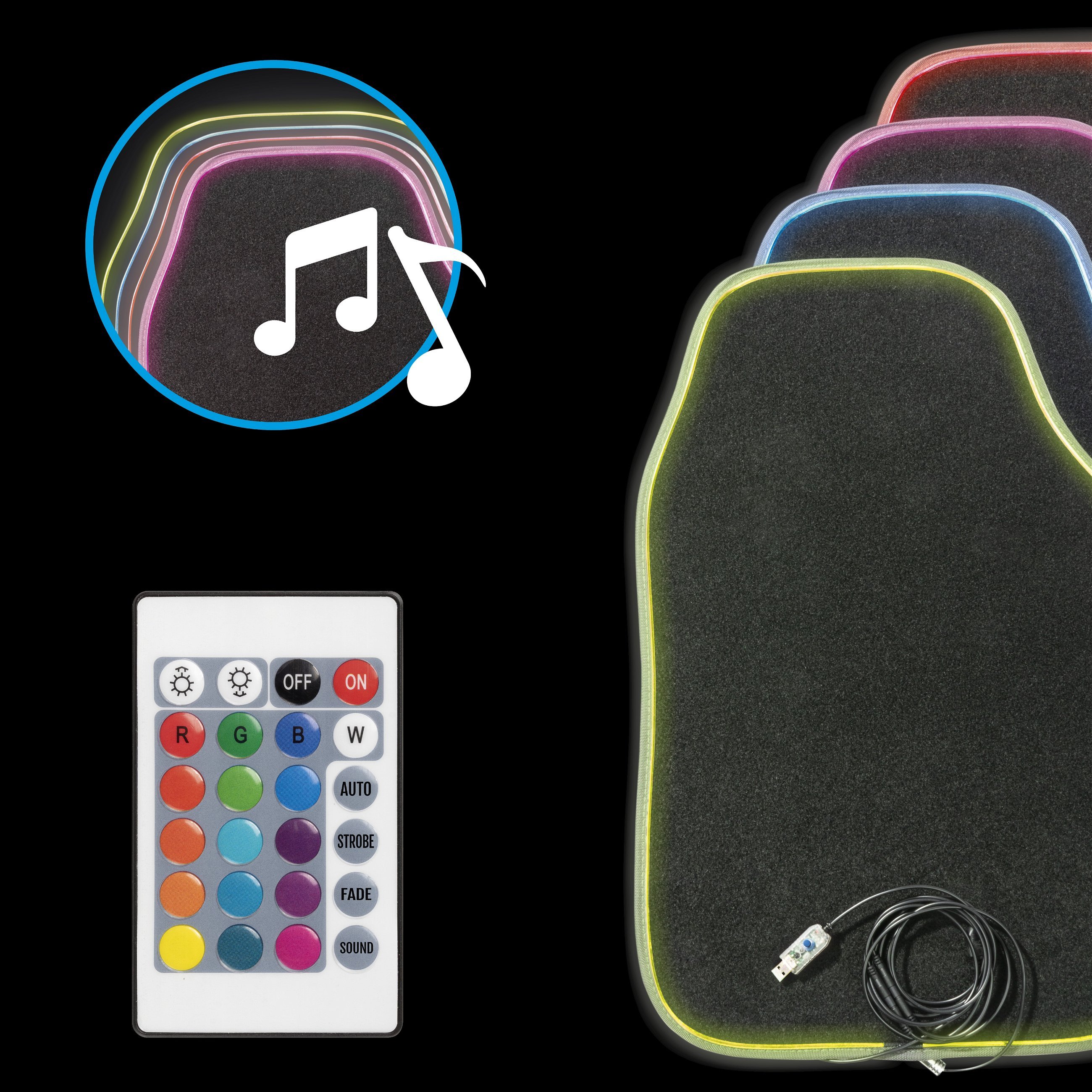 Tapis de voiture LED Ambiente avec sélection des couleurs, diverses fonctions d'éclairage et télécommande pour l'éclairage d'ambiance