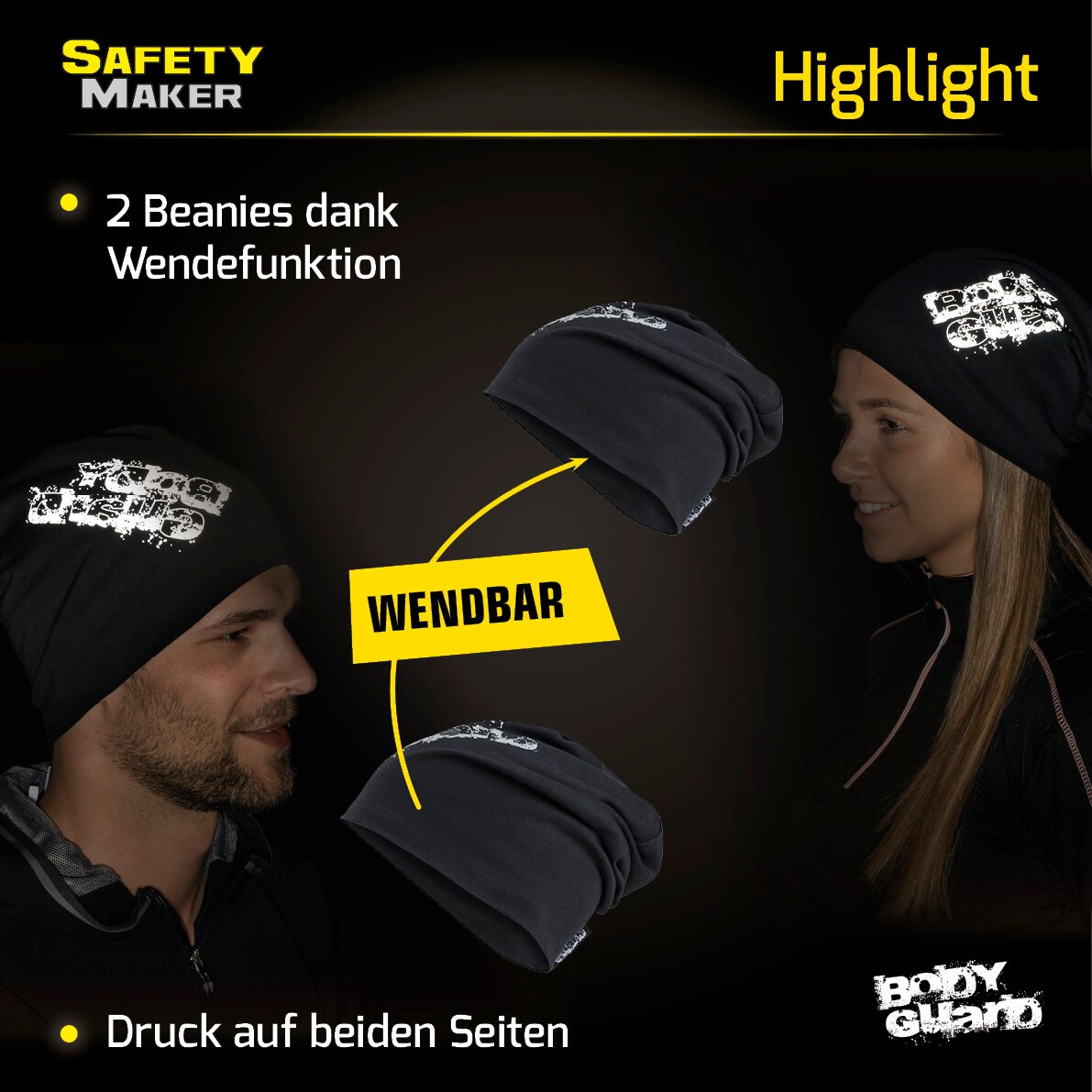 Wende Beanie, Mütze, Sportmütze mit reflektierendem Druck schwarz-silber