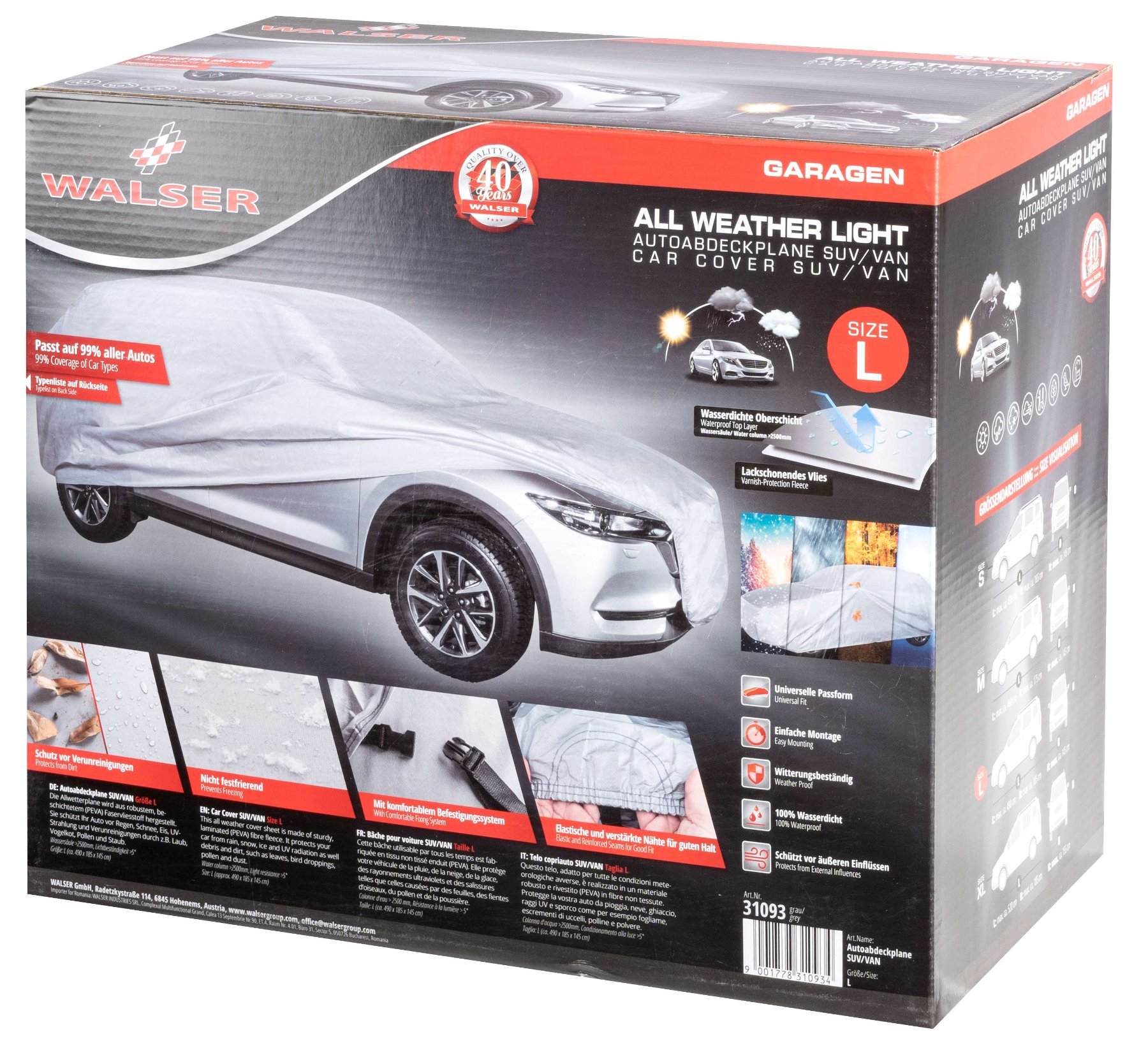 Autoafdekking AllWeather SUV maat L lichtgrijs, waterdichte autohoes, stofdicht met UV-bescherming, verstevigde gordelsluiting