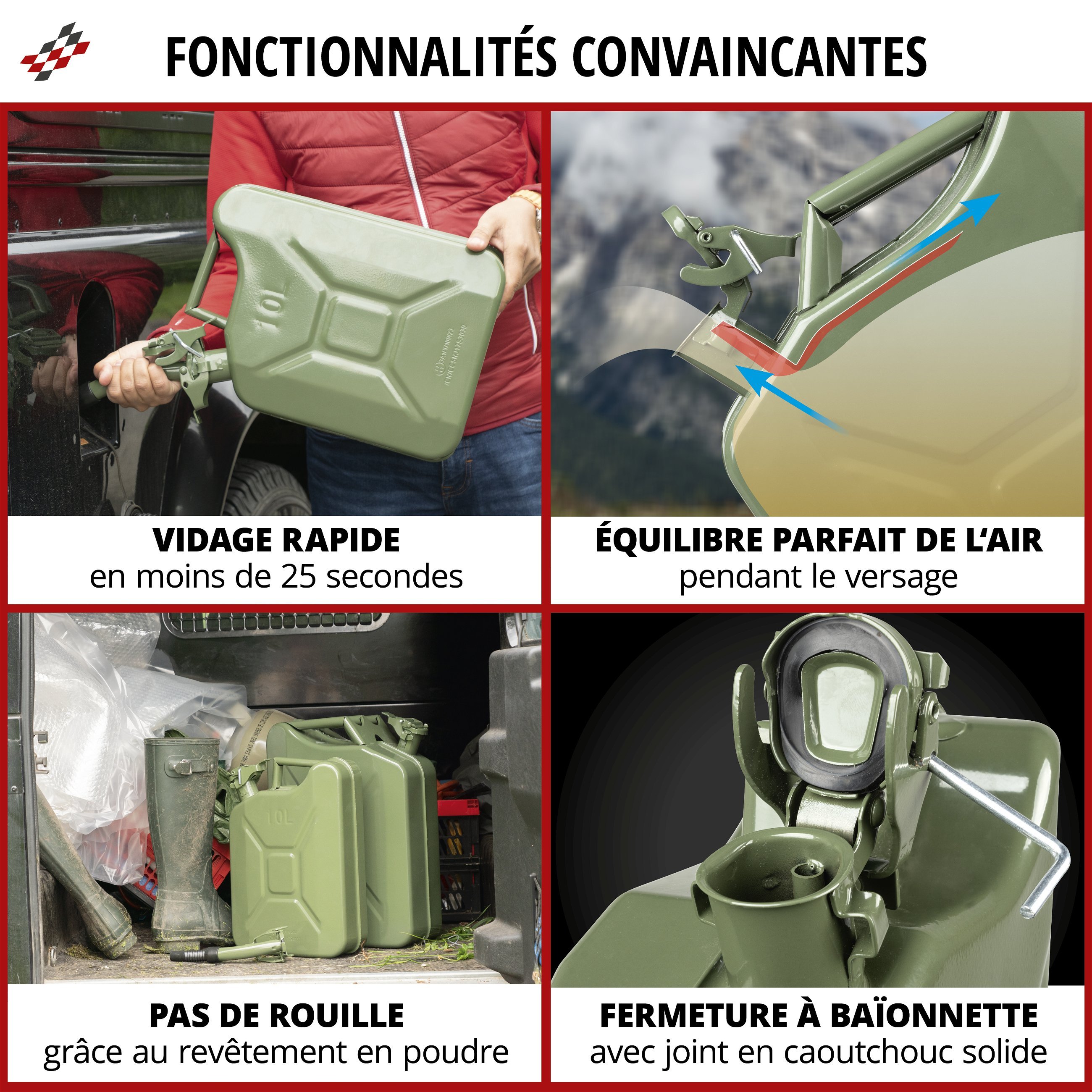 Bidon d'essence en métal 10 litres, Bidon de carburant, Bidon de diesel certifié UN avec fermeture de sécurité 3A1 vert olive, 30x13x40,5 cm