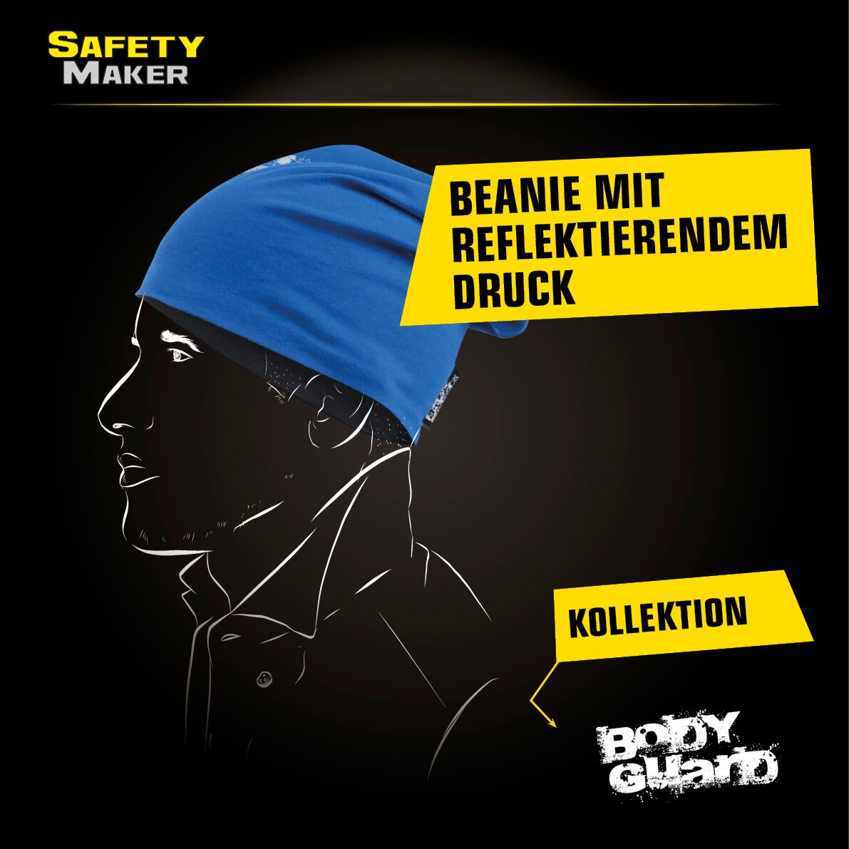 Wende Beanie, Mütze, Sportmütze mit reflektierendem Druck blau-silber