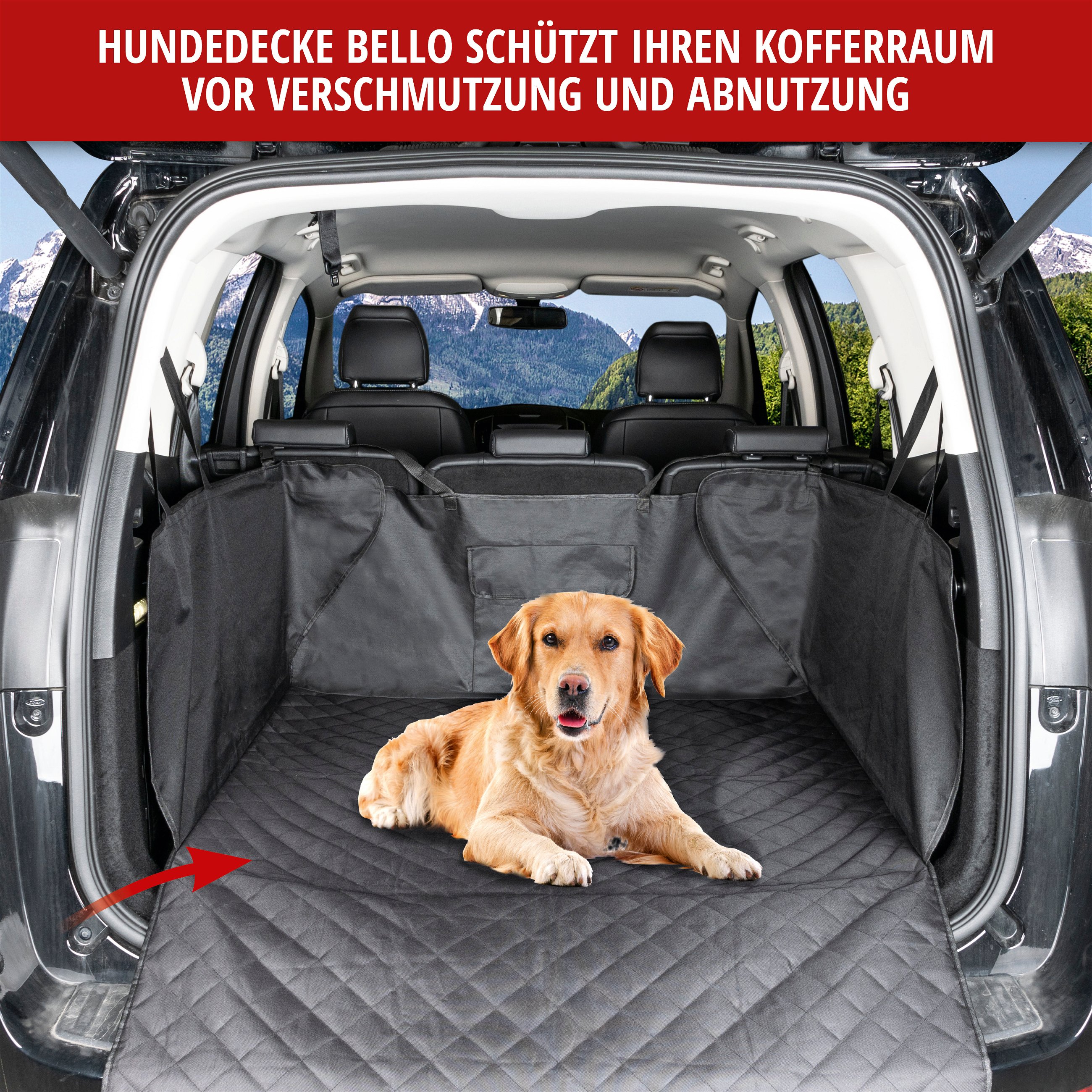 Kofferraumdecke Bello, Auto-Hundedecke, 3in1 Kofferraummatte mit Ladekantenschutz und Organizer schwarz