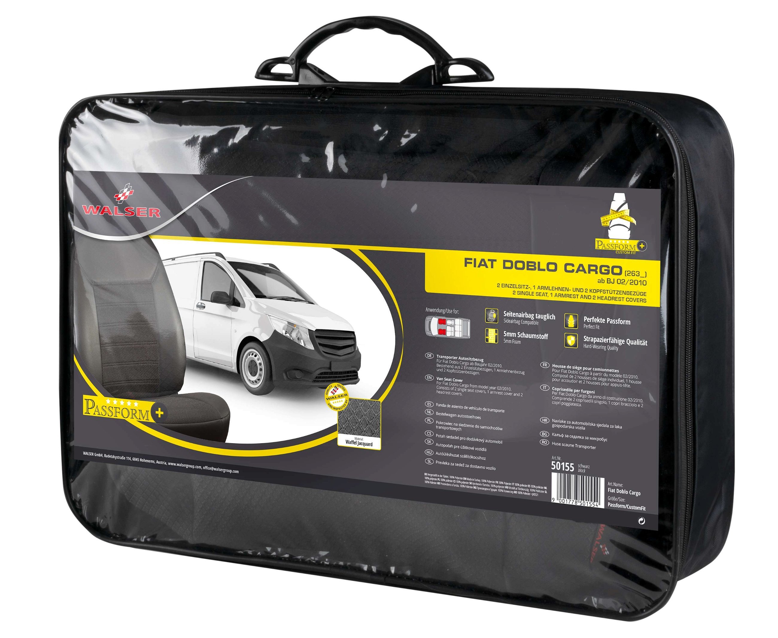 Premium Seat Cover for Fiat Doblo 02/2010-Today, 2 single seat covers front + 1 armrest cover