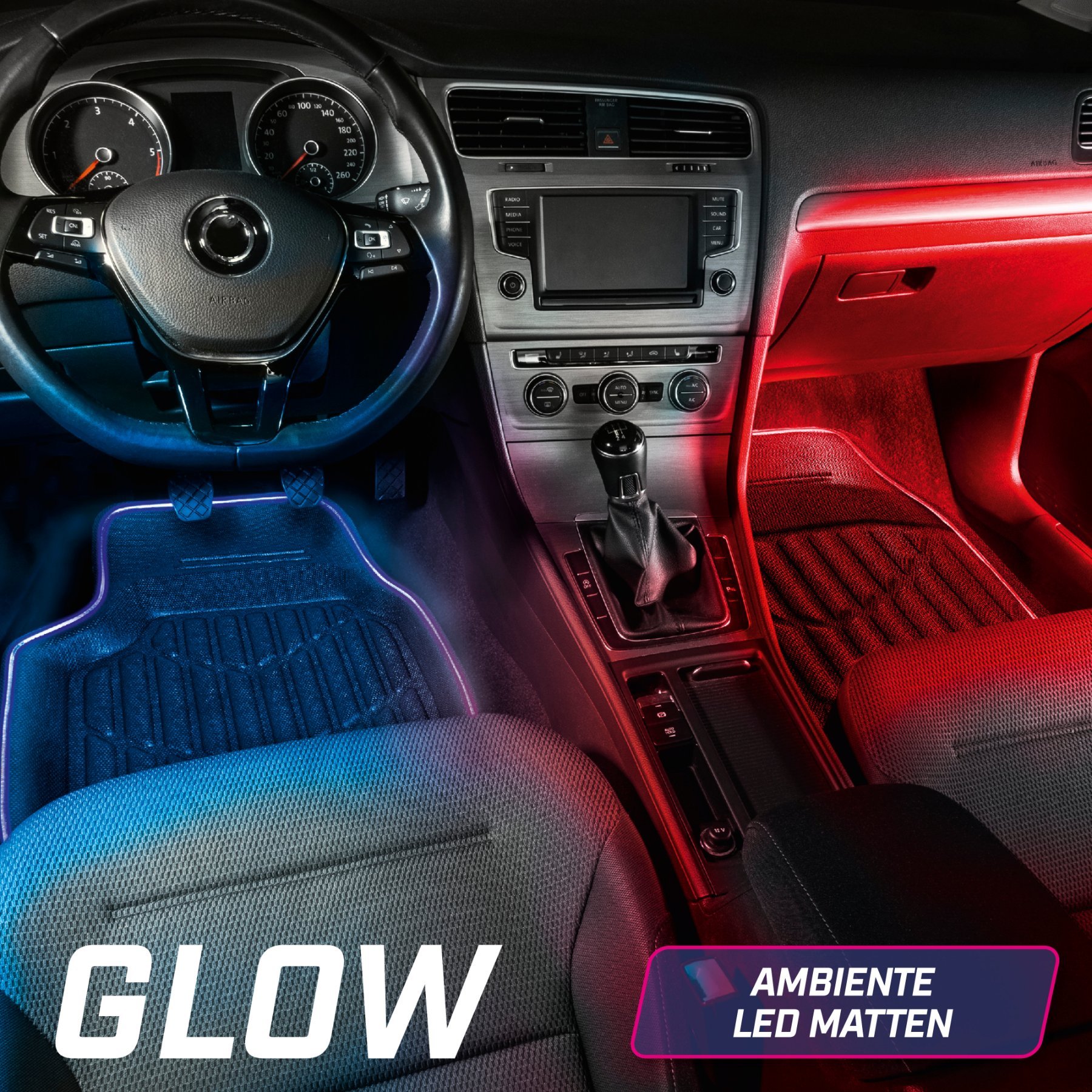 LED-Gummimatte Glow mit Farbauswahl, PKW-Fußmatte mit Lichtfunktionen und Fernbedienung