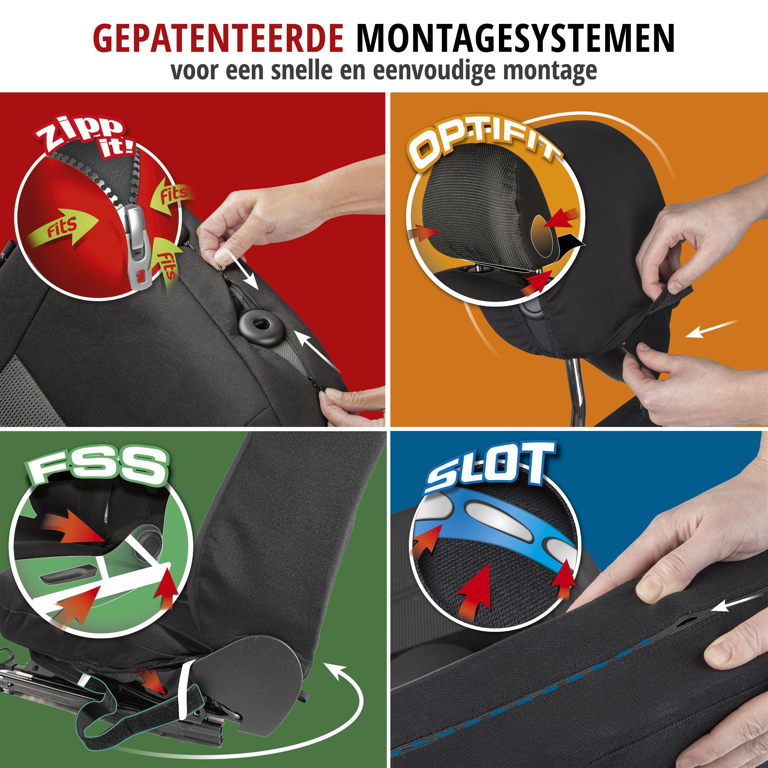 Premium Autostoelbekleding Avignon met Zipper ZIPP-IT, Autostoelhoes set, 2 stoelbeschermer voor voorstoel, 1 stoelbeschermer voor achterbank zwart/silber