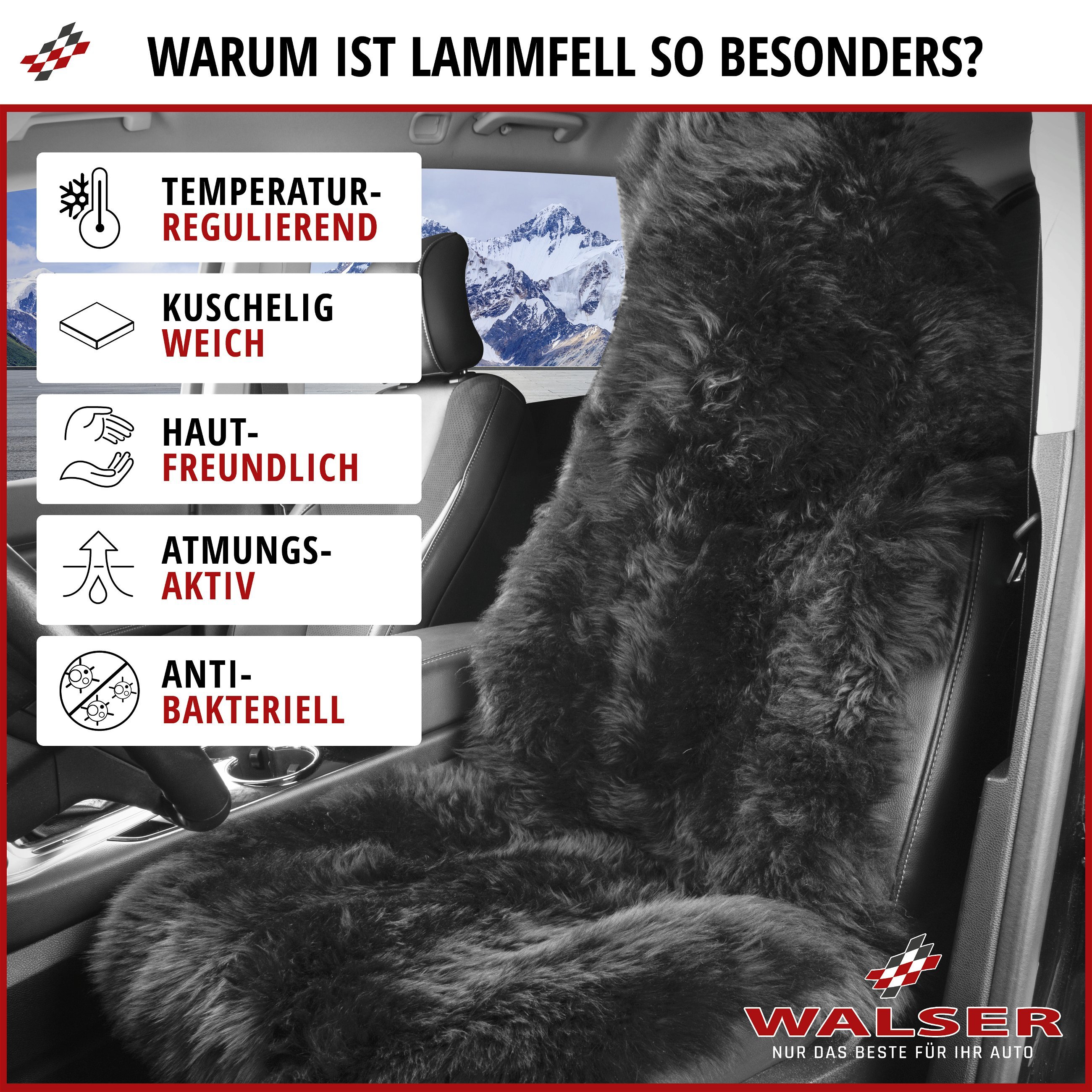 Auto Sitzauflage aus Lammfell Marla, 100% Premium Lammfell Auto Sitzauflage, Lammfell Auto Sitzaufleger schwarz