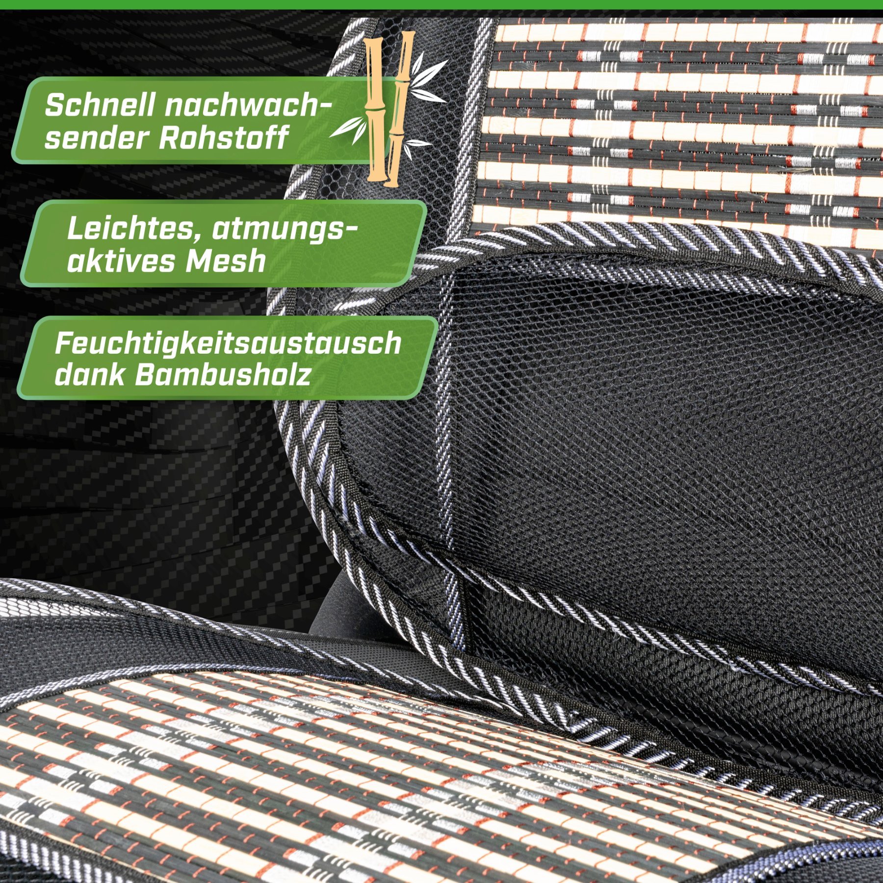 Atmungsaktive Bambus-Sitzauflage mit Lordosenstütze, Auto-Sitzauflagebeige/schwarz