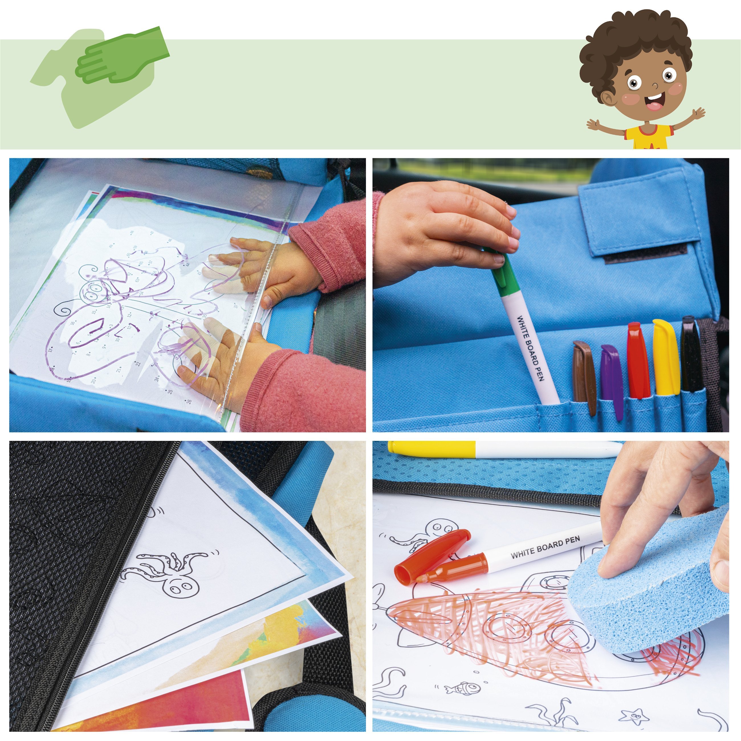 Children's travel play table for the car with tablet holder blue