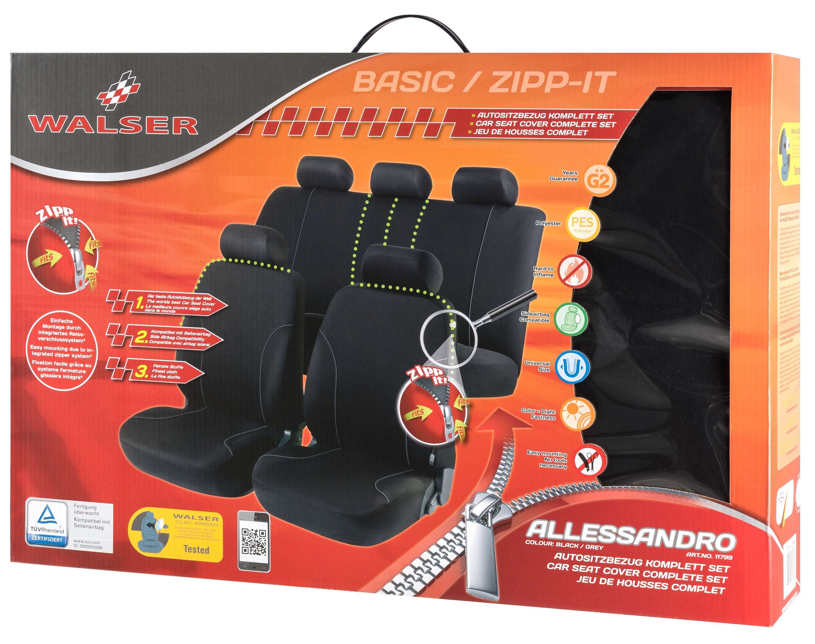 Auto stoelbeschermer Allessandro met Zipper ZIPP-IT Autostoelhoes, set, 2 stoelbeschermer voor voorstoel, 1 stoelbeschermer voor achterbank zwart