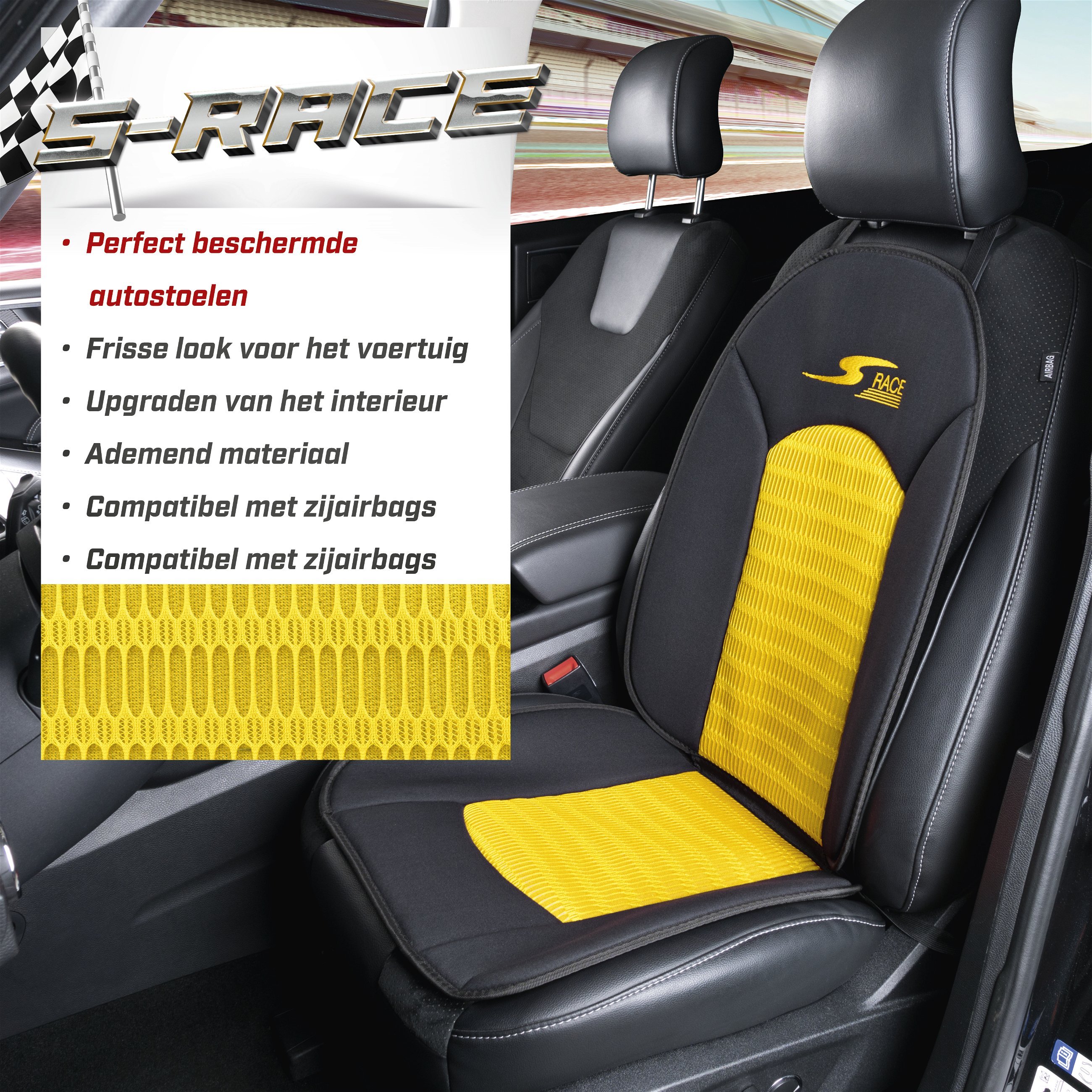 Autostoelhoes, bekleding S-Race in geel/zwart