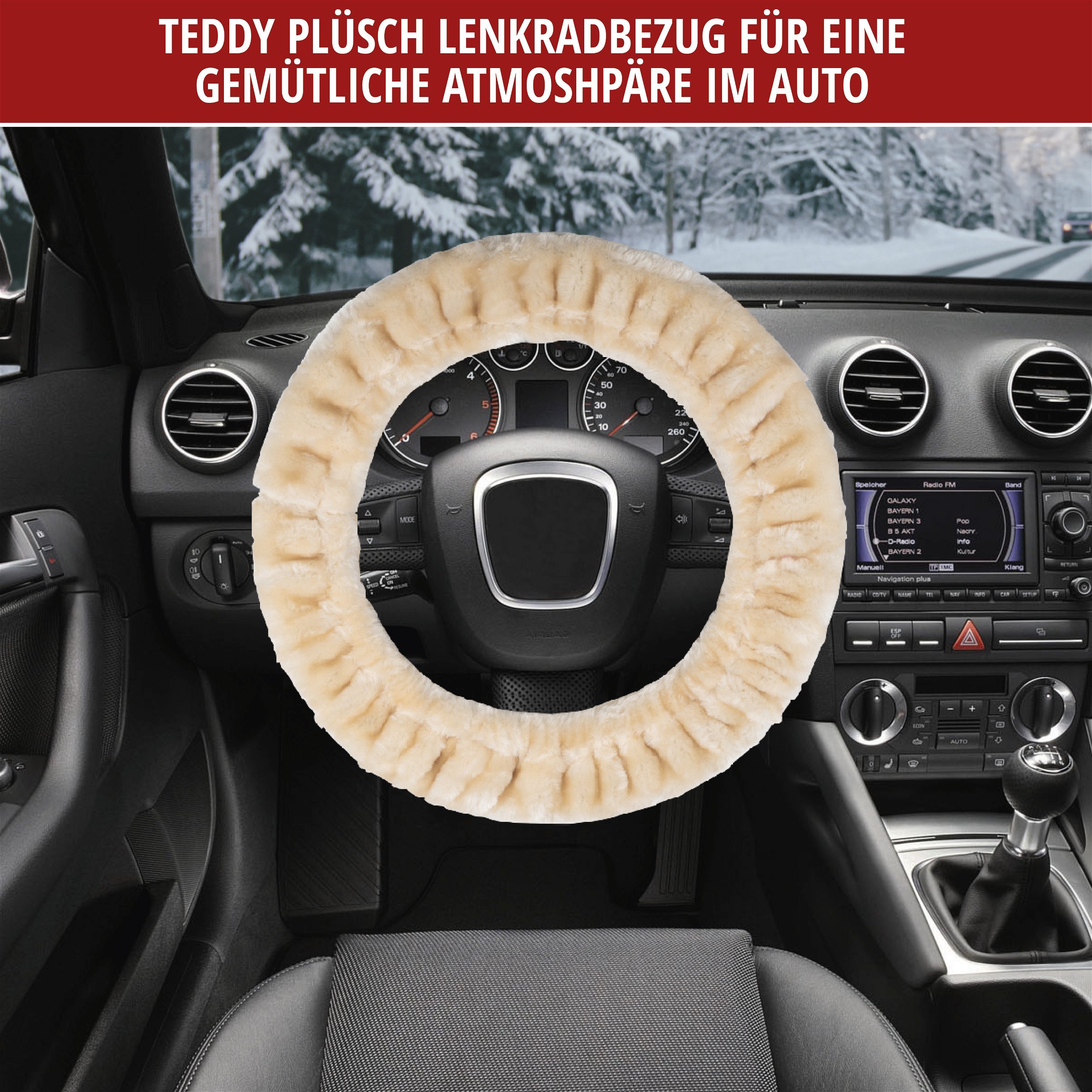 Lenkradhülle Teddy Plüsch, Vegane Lenkradhülle aus Kunstfell, Plüsch-Lenkradschoner beige