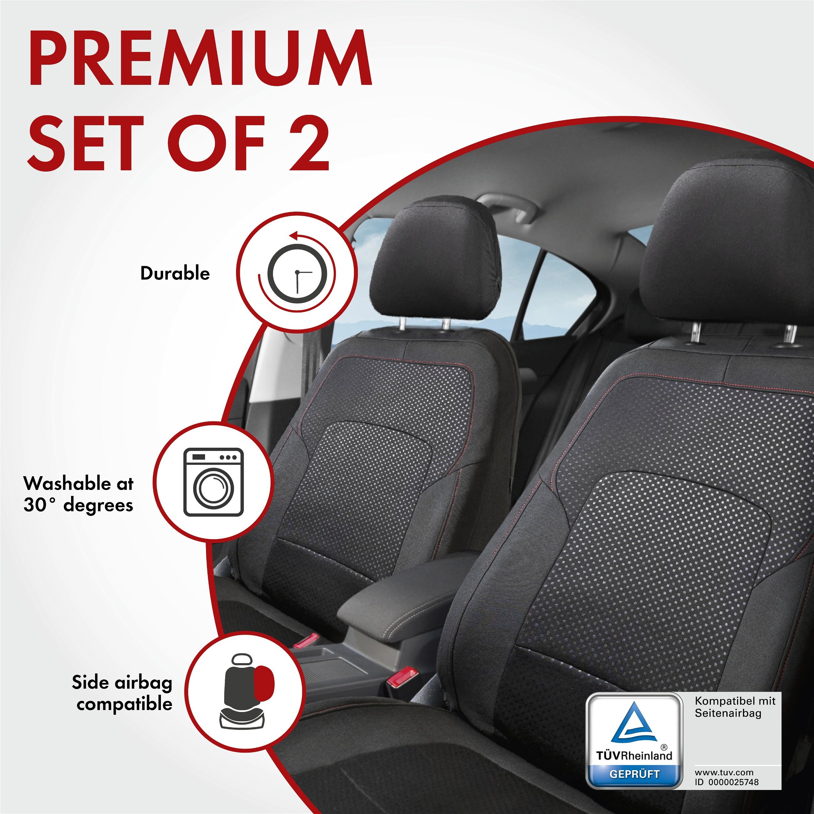 ZIPP IT Premium Car seat covers Logan for two front seats with zip-system black/red