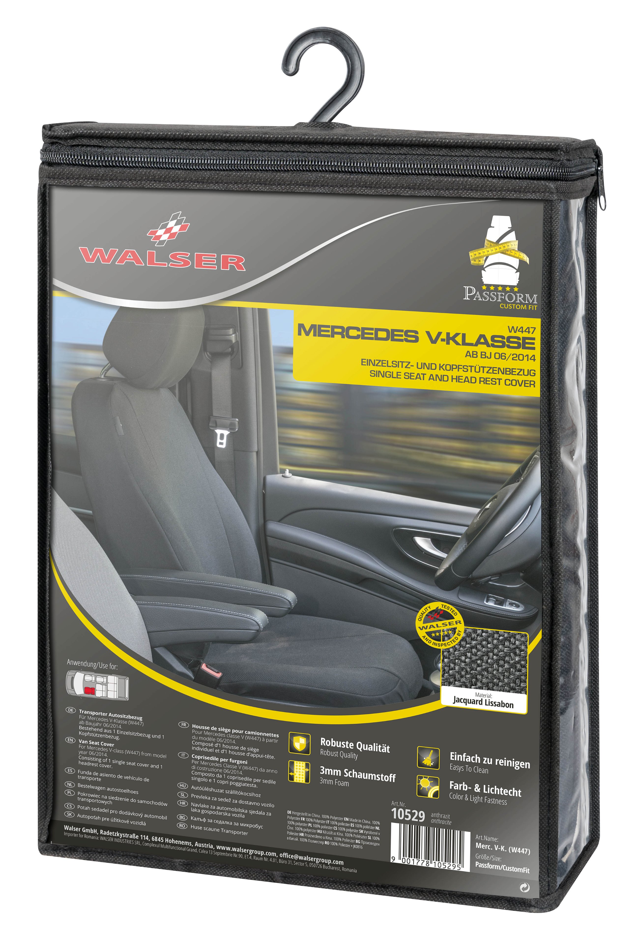 Seat cover made of fabric for Mercedes V-Class 447, single seat cover driver armrest inside
