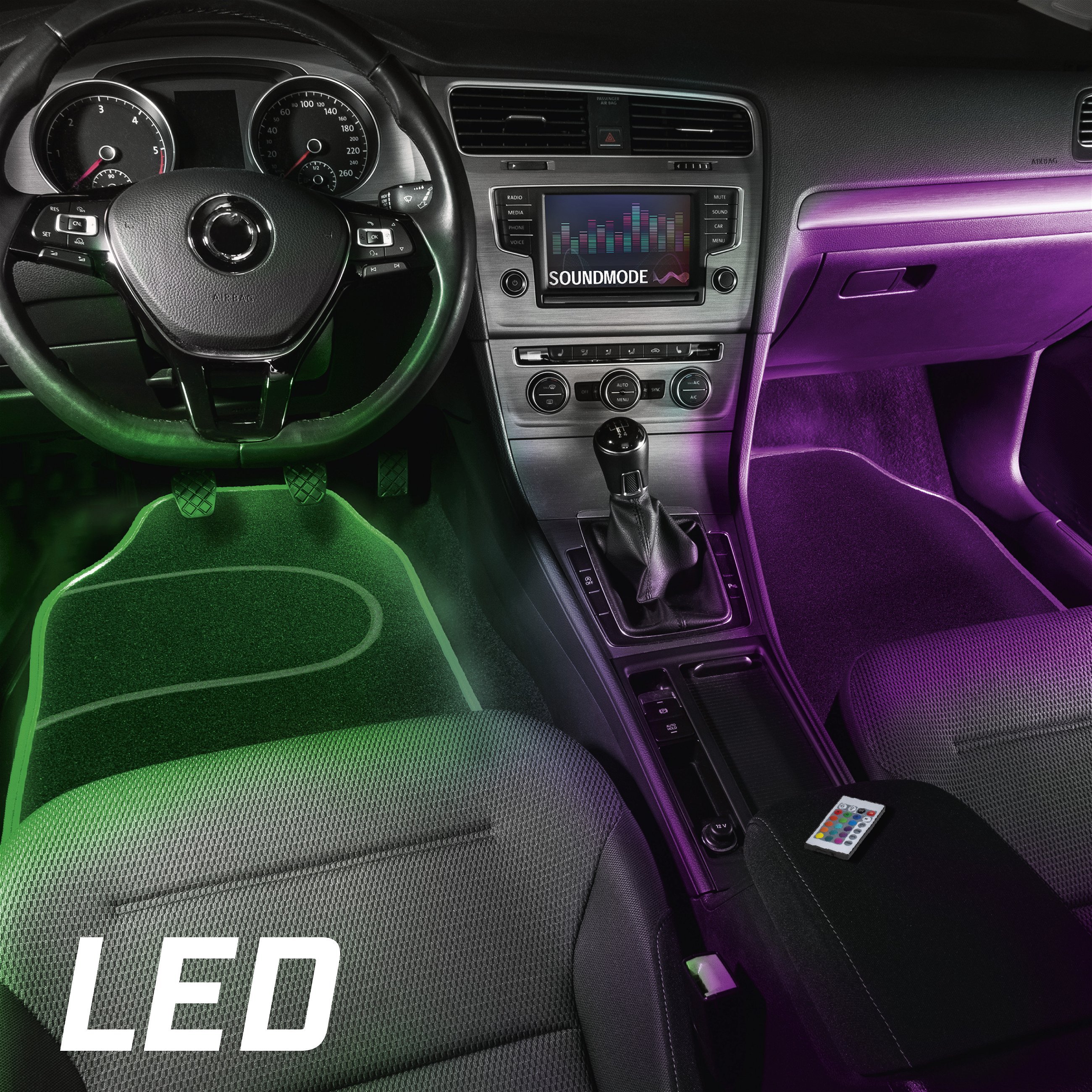 Tapis de voiture LED Ambiente avec sélection des couleurs, diverses fonctions d'éclairage et télécommande pour l'éclairage d'ambiance