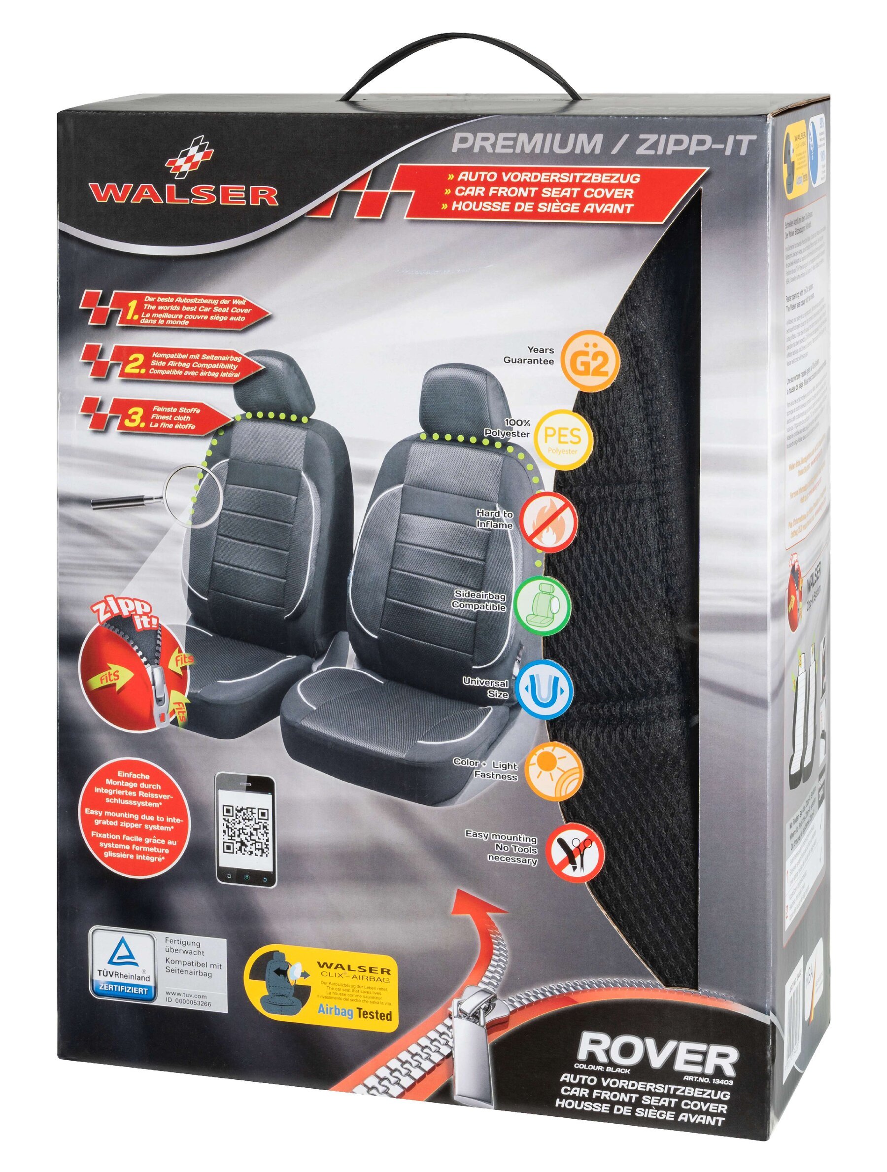 Auto stoelbeschermer Rover met Zipper ZIPP-IT Premium Autostoelhoes, 2 stoelbeschermer voor voorstoel zwart