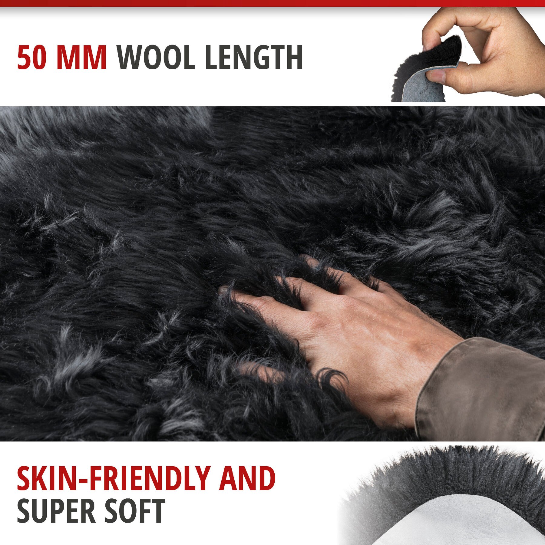 Lambskin rug Blake black 80-90cm made of 100% natural lambskin, wool height 50mm, ideal in living room & bedroom