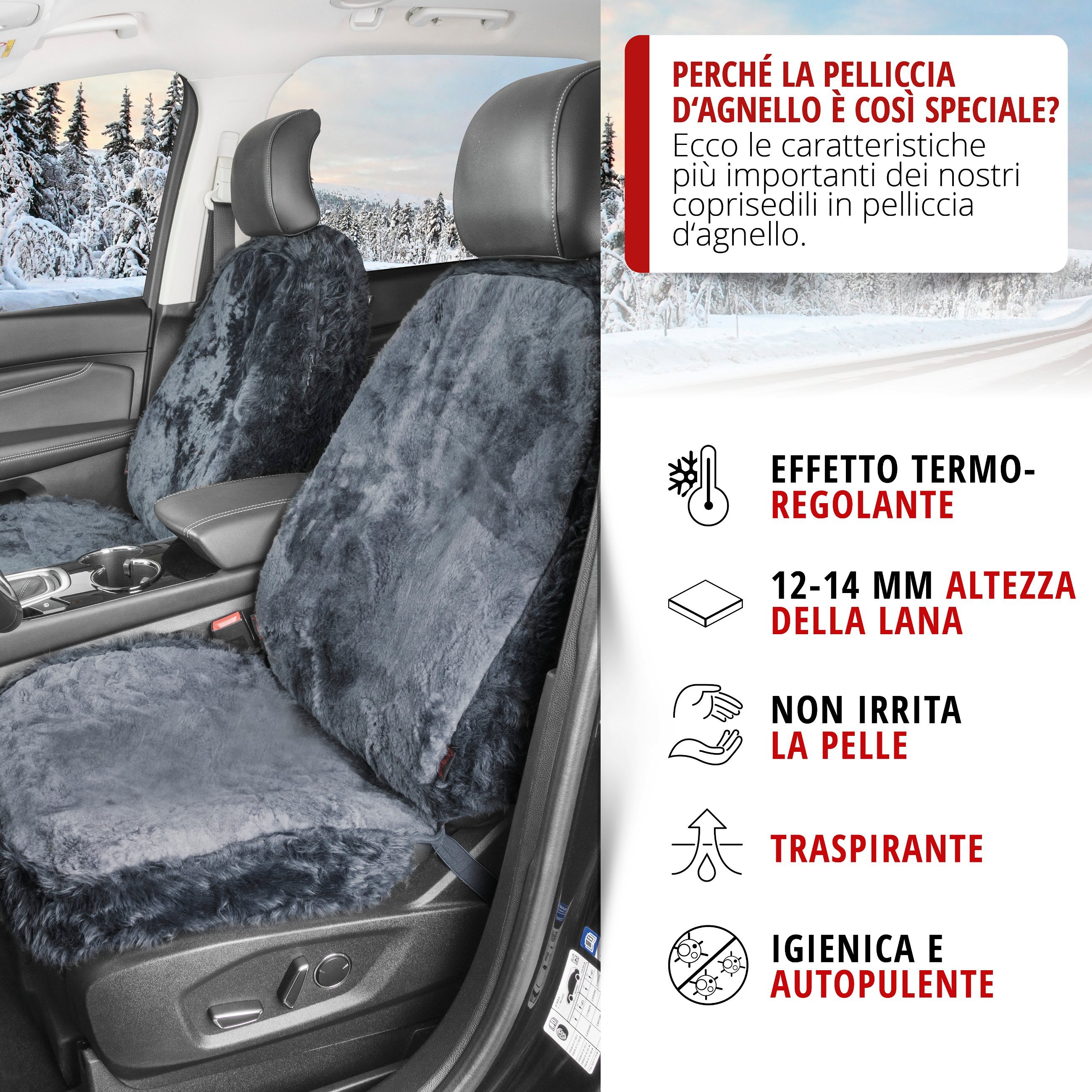 Nove teli copri sedile auto in pelle d'agnello antracite con sistema informatico ZIPP