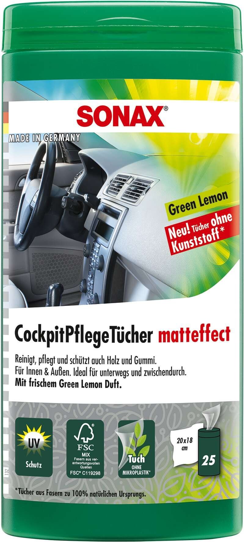SONAX Cockpitpflegetücher PET-Dose 25 Feuchtücher GreenL Matteffect für Innen und Außen