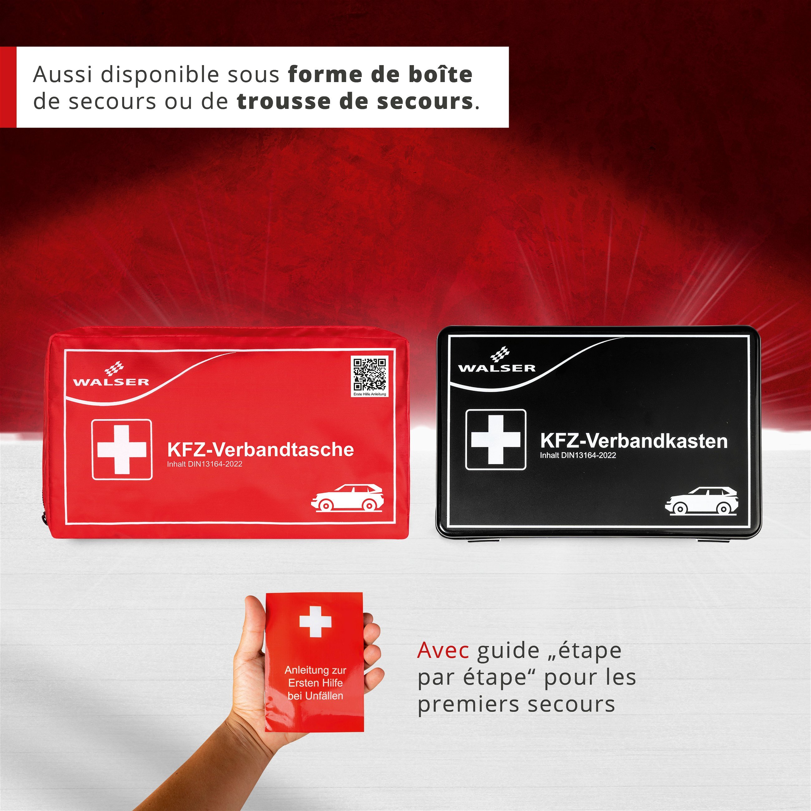 Trousse de secours automobile rouge conforme à la norme DIN 13164:2022, y compris triangle de panne et gilet de sécurité, kit de premiers secours automobile