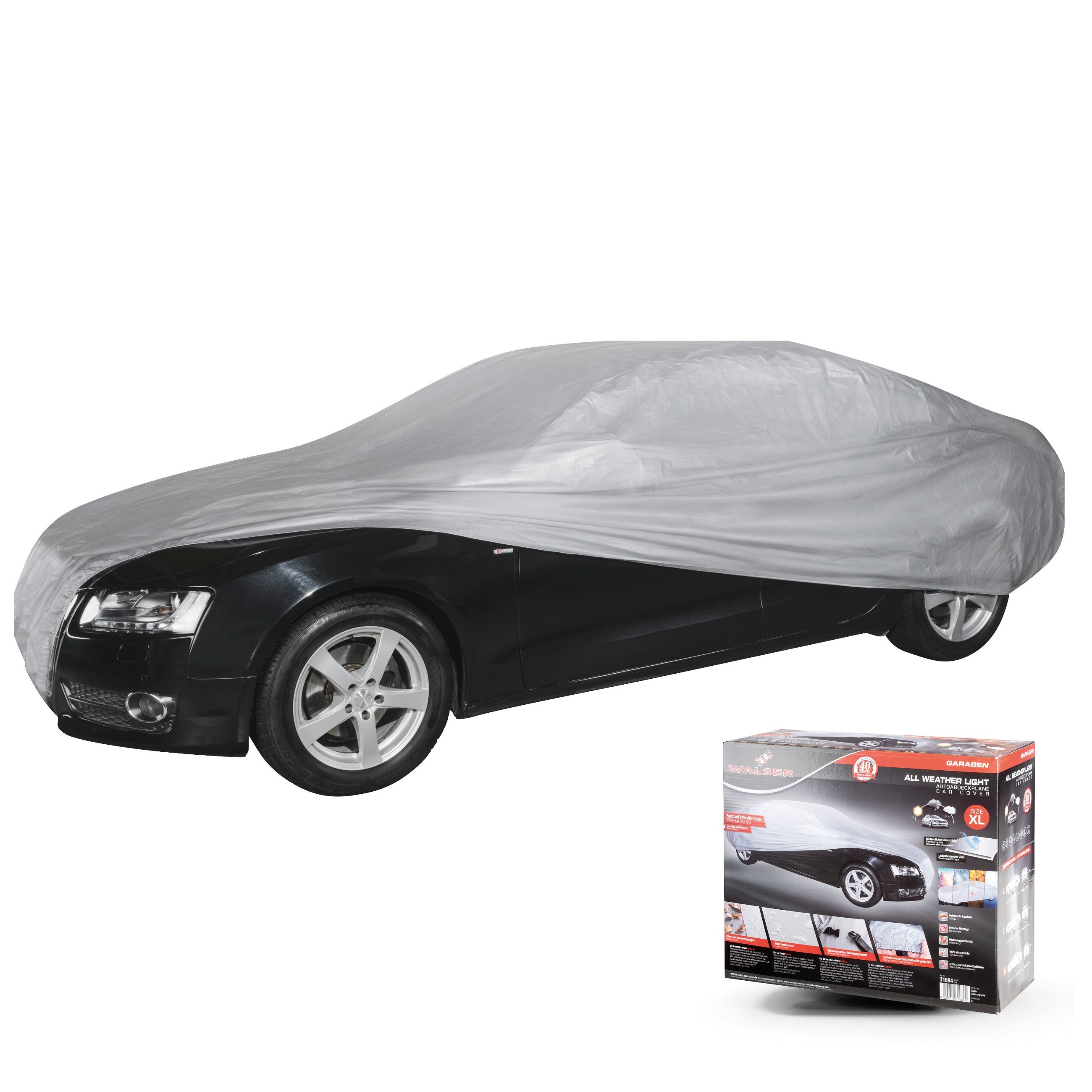 Autoafdekking AllWeather volledige garage maat XL lichtgrijs, waterdichte autogarage, stofdicht met UV-bescherming, versterkte gordelbevestiging