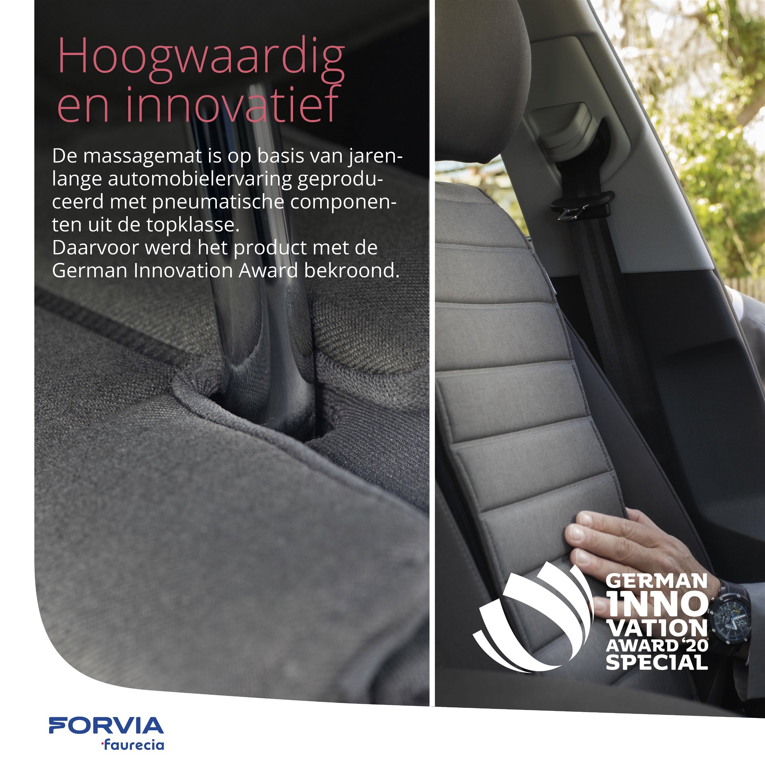 Faurecia Smart Massage Cover, autostoelbedekking met massage met app-besturing en geïntegreerde accu, stoelbedekking voor personenauto's gecertificeerd door de Actie gezonde rug