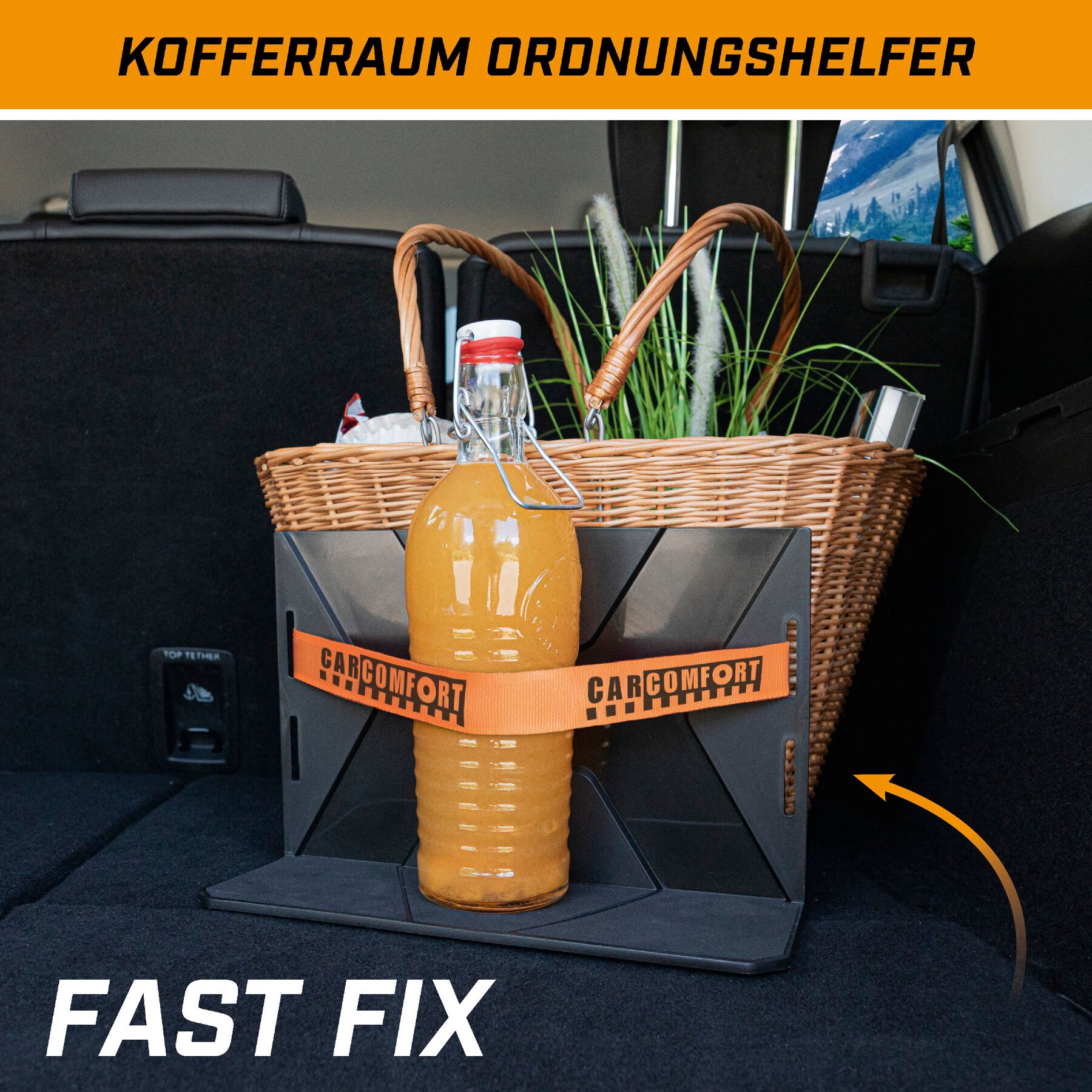 Kofferraum Ordnungshelfer FastFix L, Ladungshilfe mit Gurt schwarz/orange