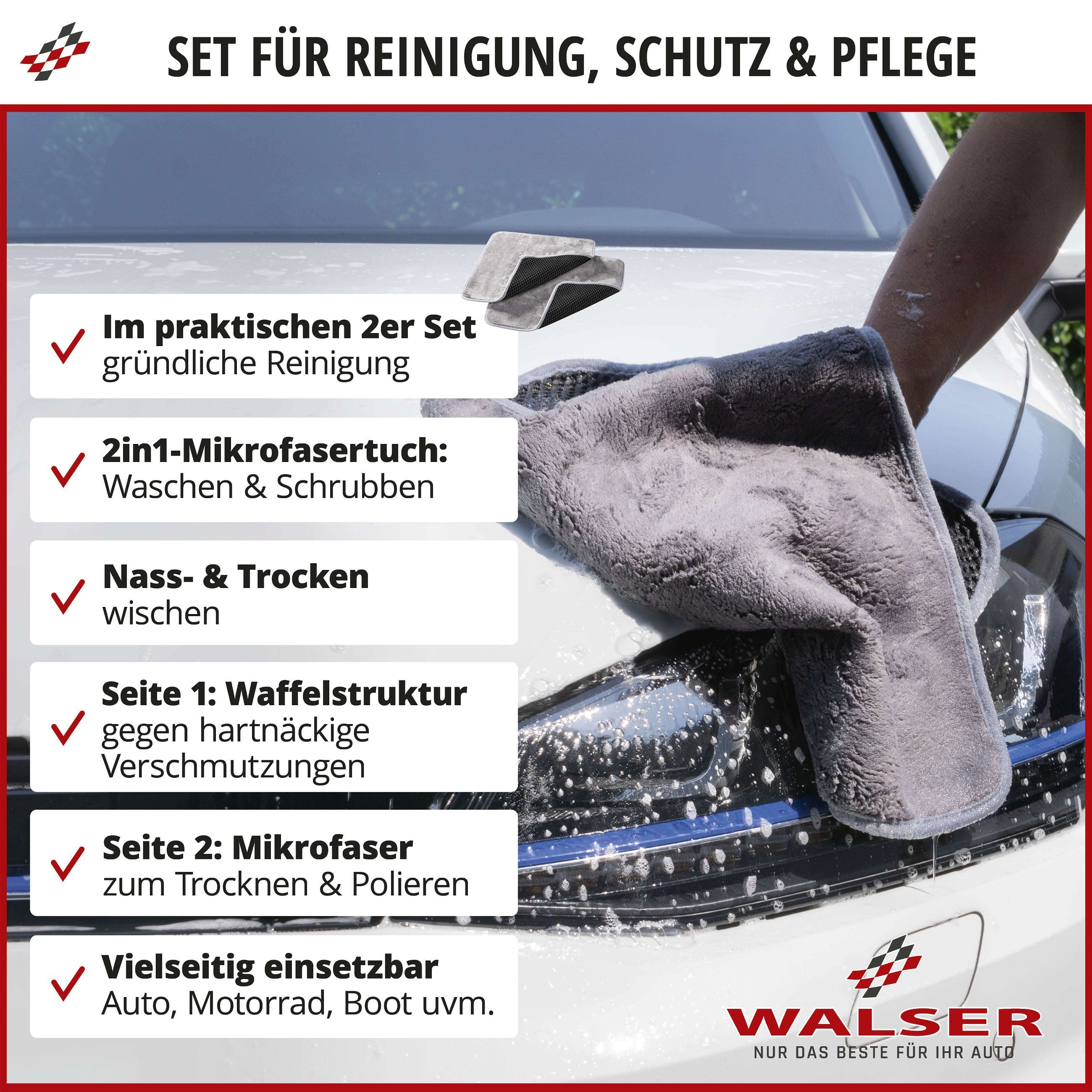 2in1 Waschtuch, 2x Schrubb Tuch, doppelseitiges Miktrofasertuch schwarz-grau 40x40 cm