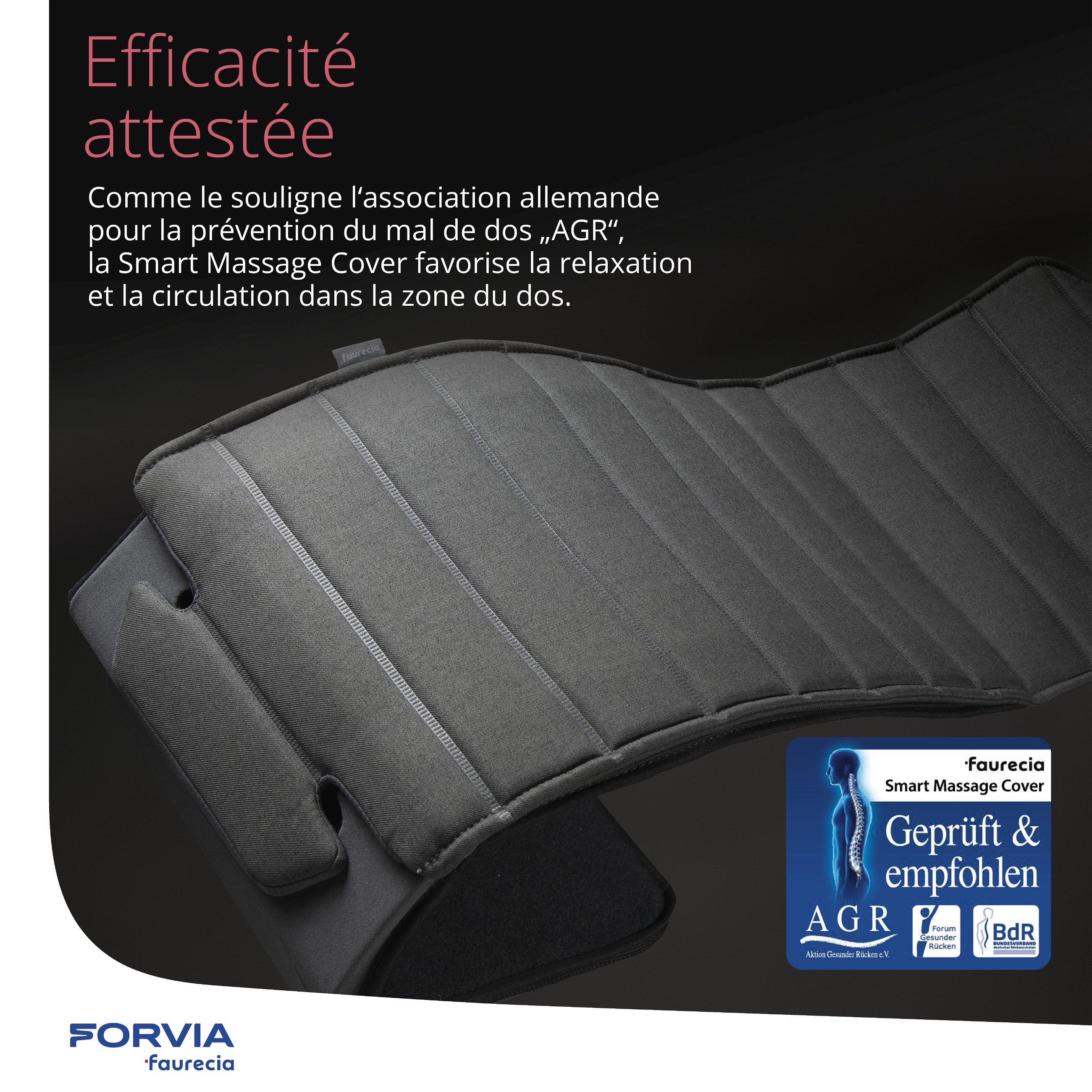 Smart Massage Cover Faurecia, housse de siège massante pour voiture avec commande par application et batterie intégrée, housse de siège pour voiture certifiée par Action pour la santé du dos