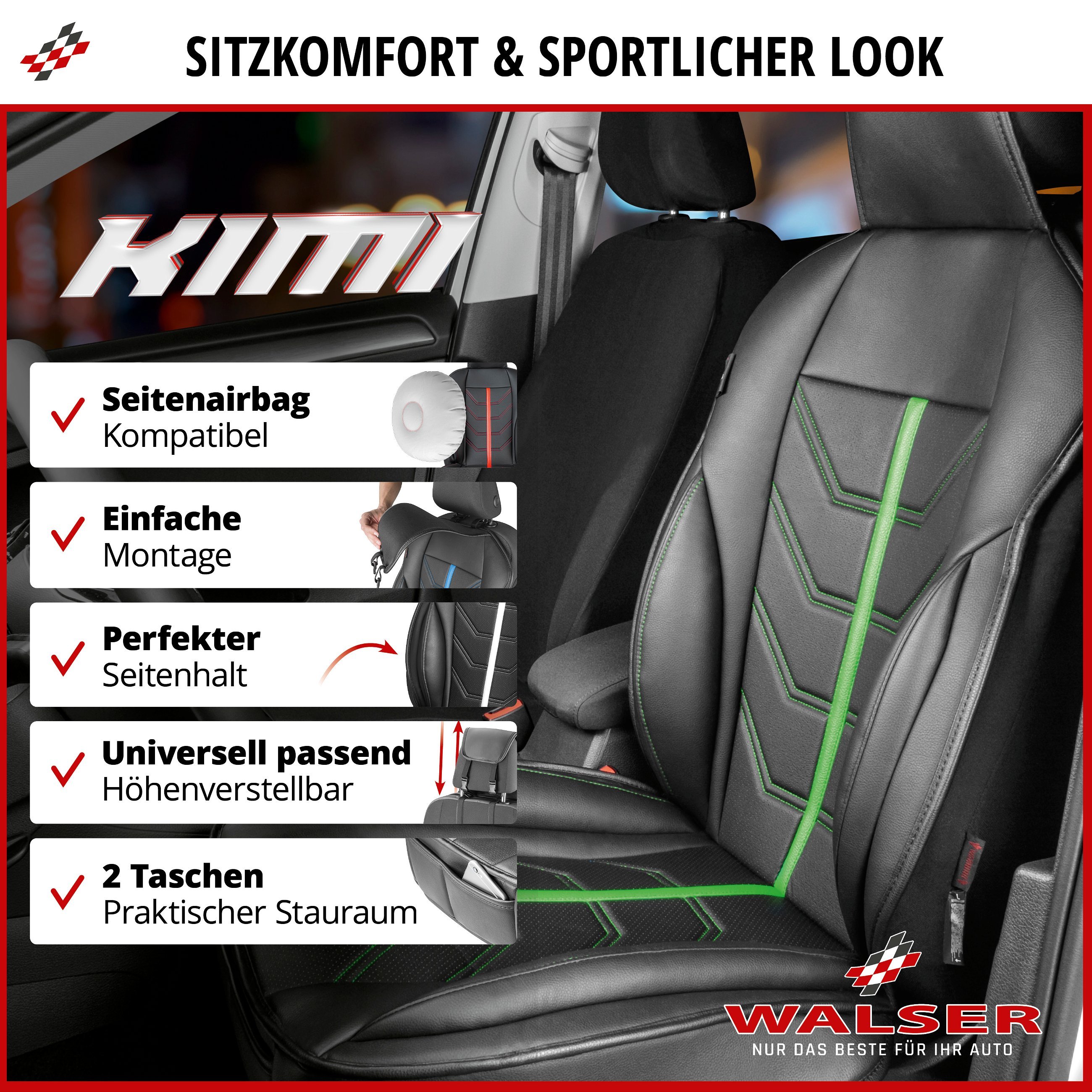 PKW Sitzauflage Kimi, Auto-Sitzaufleger im Rennsportdesign schwarz/grün